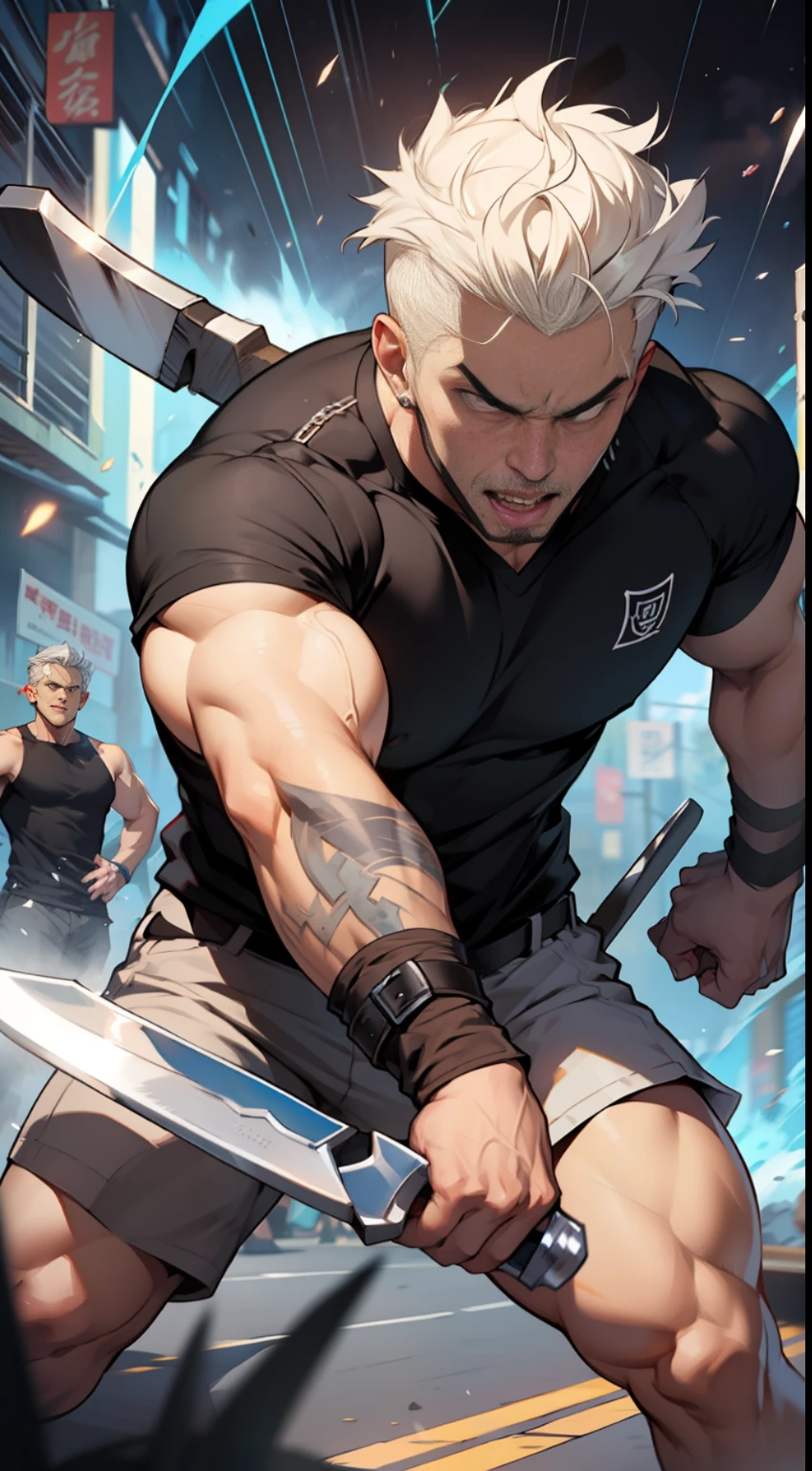 32K, Best quality, 巨作, Super detail, High details , A handsome man in a black T-shirt caught a huge tomahawk, While another man in a white shirt and short white hair wielded a huge shield, with a fierce collision between the two。
