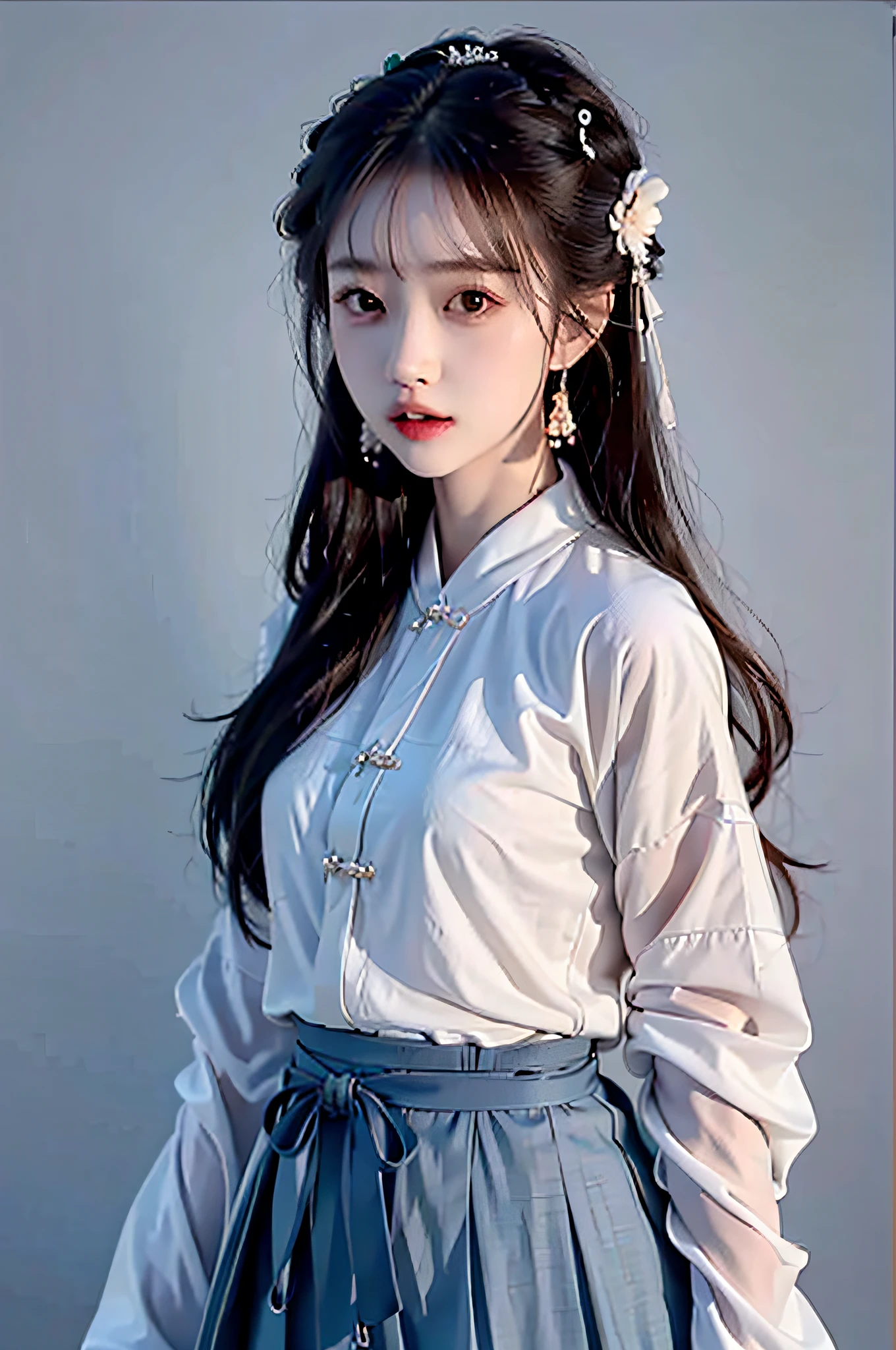 （Hyperrealistic,）4K,35mm,cinematography，super high details, Professional lighting, Best quality, Super high resolution, Visually stunning, (1girls:1.3), (dark blue theme:1.2), Light gray background, Deep blue, Wuxia,Chinese style,Hanfu,Tang Feng,,The skin, Skirt，
