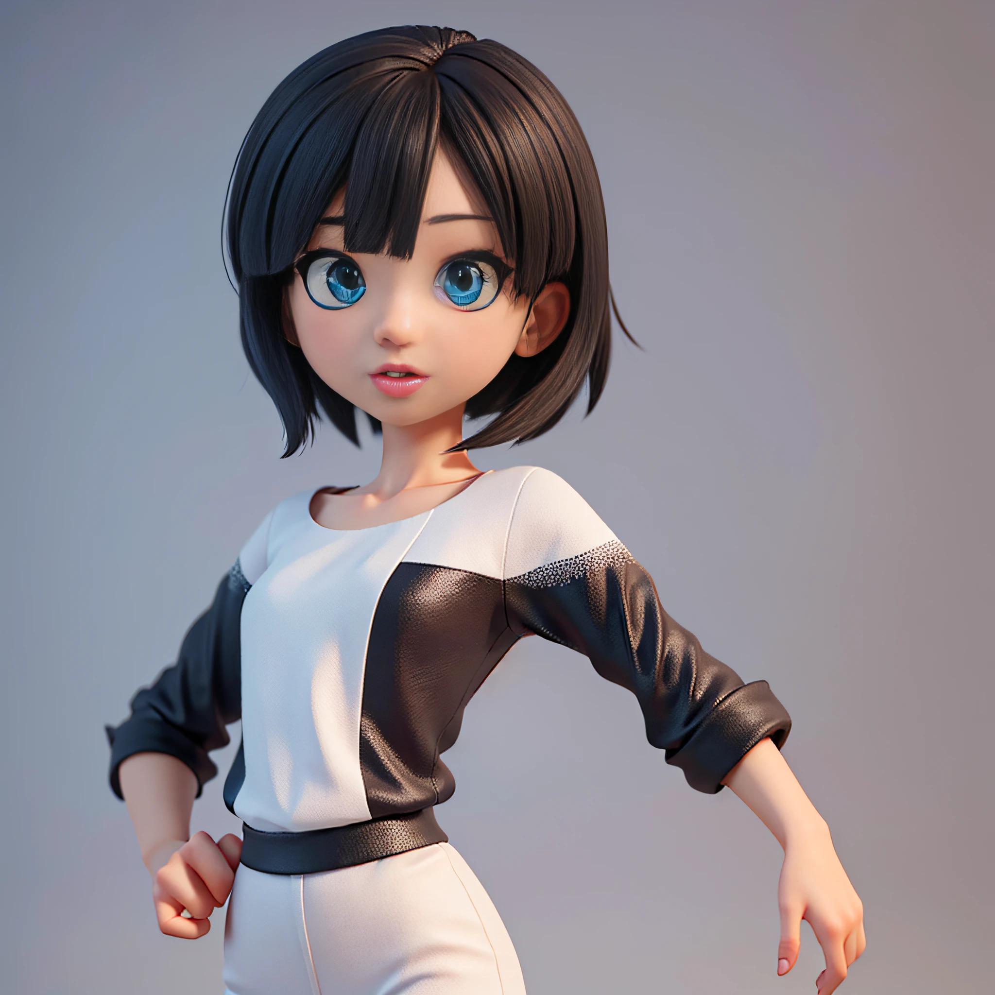 there is a woman with a black shirt and blue eyes gray background, realistic anime 3 d style, anime styled 3d, close up character, 🤤 girl portrait, small character. unreal engine 5, stylized anime, 8k portrait render, render of a cute 3d anime girl, 3 d render character art 8 k, highly detailed character, 3d character