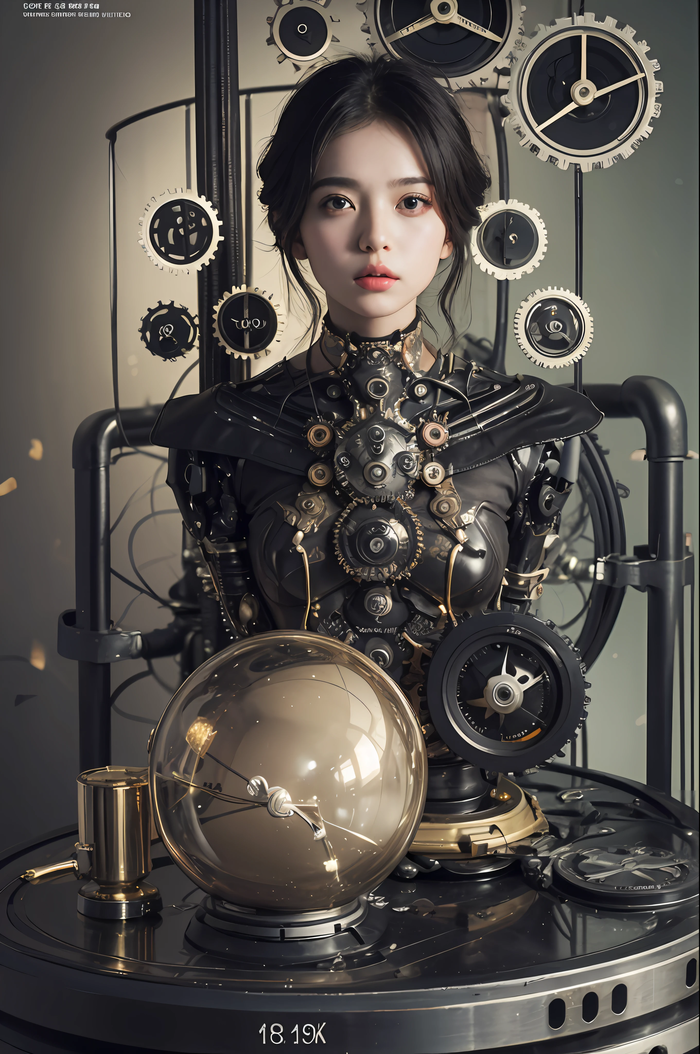 最好质量、巨作、ultra-high-resolution、(photoreallistic:1.4)、Raw photo、1 girl with big、Black hair、glowy skin、1 Mechanical Girl、((hyper realistic detail))、portlate、Global Illumination、Shadow、octane rend、8K、ultrasharp、big tit、Raw skin is exposed in cleavage、metals、Details of complex ornaments、Sumerian details、Analog Meter、cog、gear、Golden hydraulic cylinder、hyper intricate details、Realistic light、CGSoation Trends、purple colored eyes、eyes glowing、Facing the camera、neon details、Mechanical limbs、blood vessels connected to tubes、Mechanical vertebrae attached to the back、mechanical cervical attaching to neck、sitting on、Wires and cables connecting to the head、vacuum tubes、cog、meter、evangerion、Small LED lamp、The background is a steampunk city、