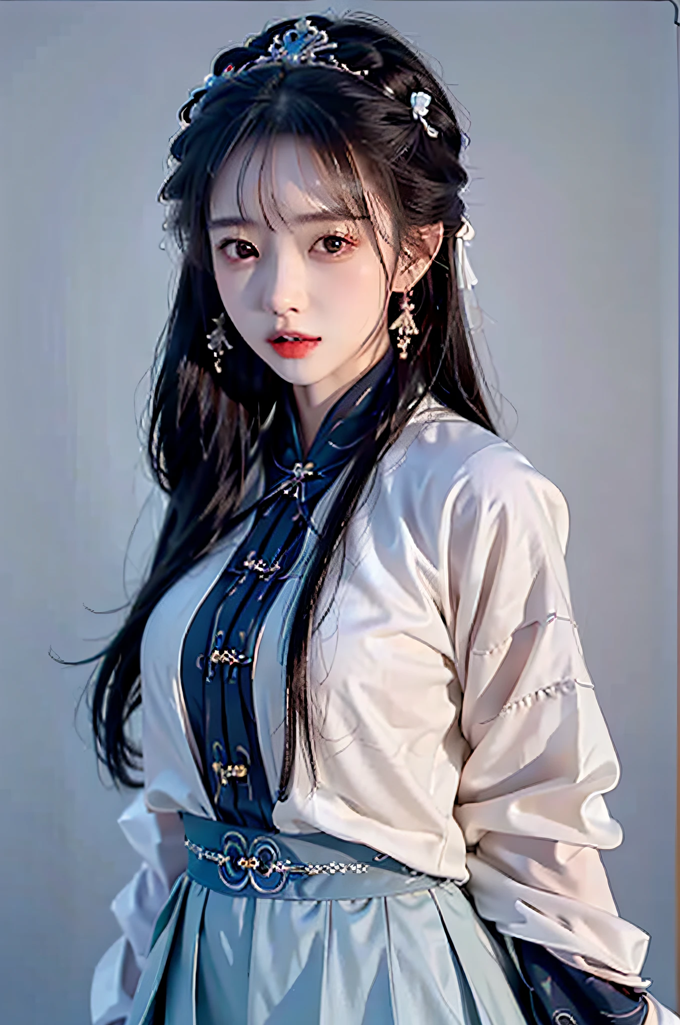 （Hyperrealistic,）4K,35mm,cinematography，super high details, Professional lighting, Best quality, Super high resolution, Visually stunning, (1girls:1.3), (dark blue theme:1.2), Light gray background, Deep blue, Wuxia,Chinese style,Hanfu,Tang Feng,,The skin, Skirt，