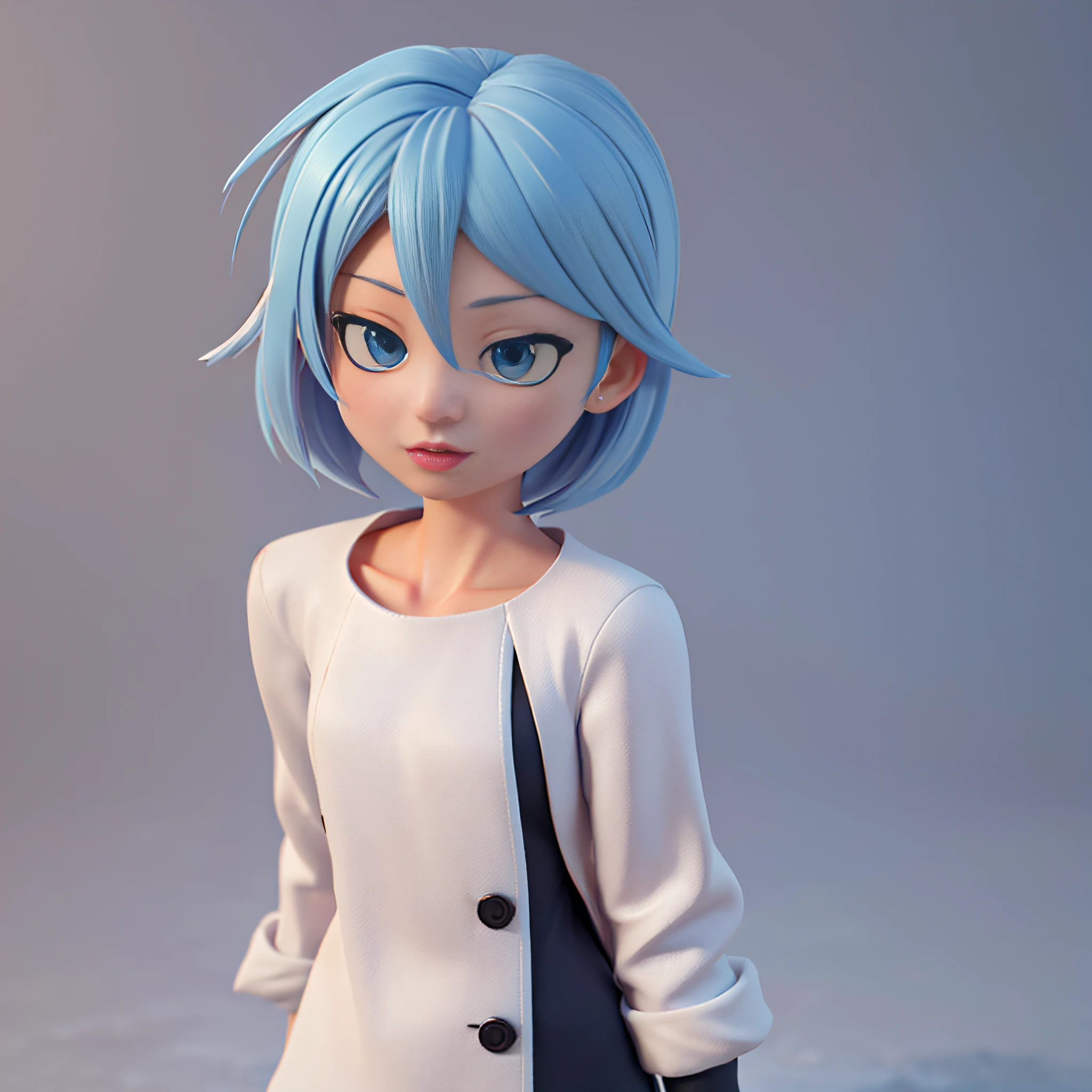 there is a woman with a black shirt and blue eyes gray background, realistic anime 3 d style, anime styled 3d, close up character, 🤤 girl portrait, small character. unreal engine 5, stylized anime, 8k portrait render, render of a cute 3d anime girl, 3 d render character art 8 k, highly detailed character, 3d character