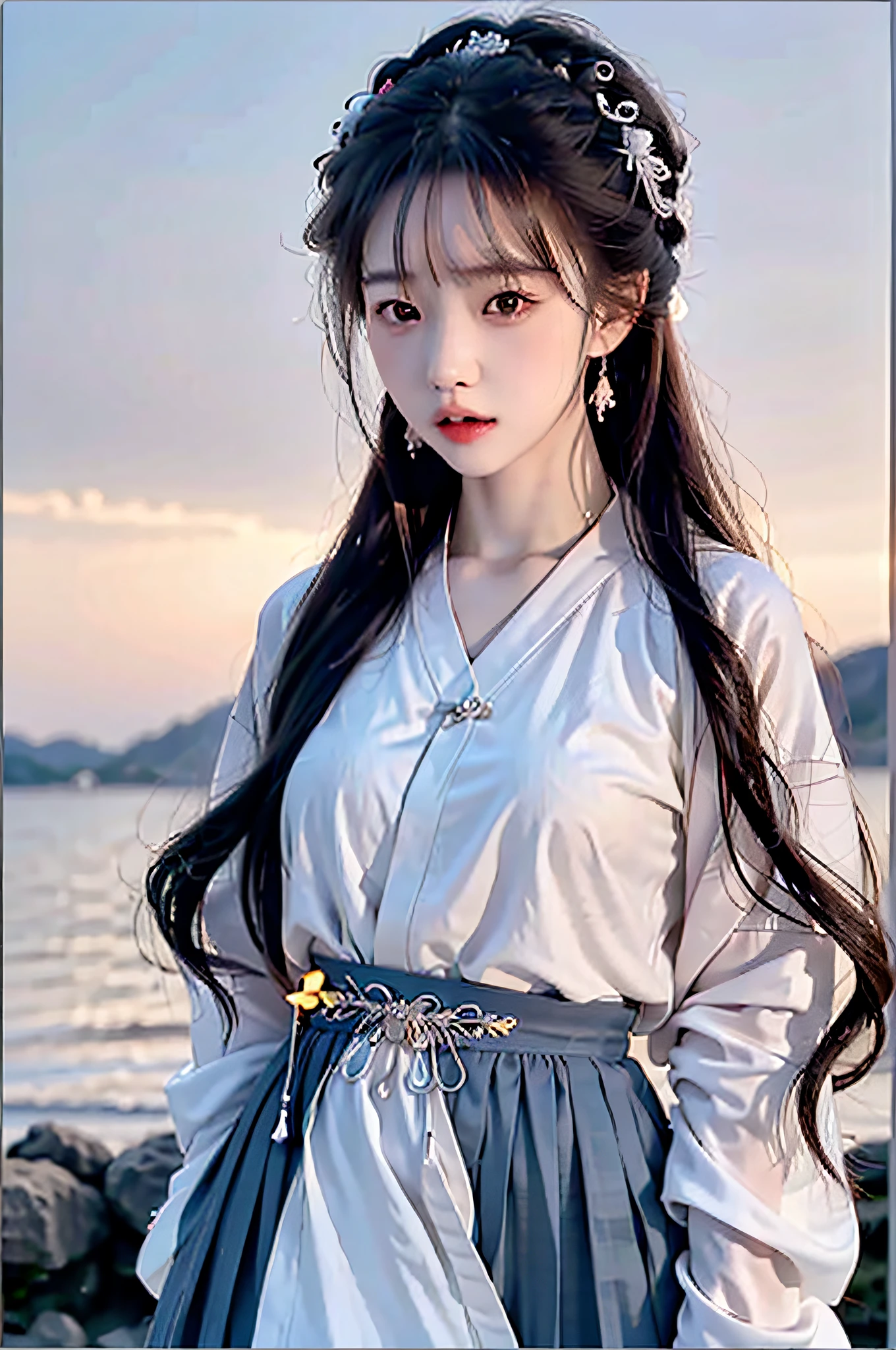 (Hyperrealistic,)4K,35mm,cinematography,super high details, Professional lighting, Best quality, Super high resolution, Visually stunning, (1girls:1.3), (dark blue theme:1.2), Light gray background, Deep blue, Wuxia,Chinese style,Hanfu,Tang Feng,,The skin, Skirt,