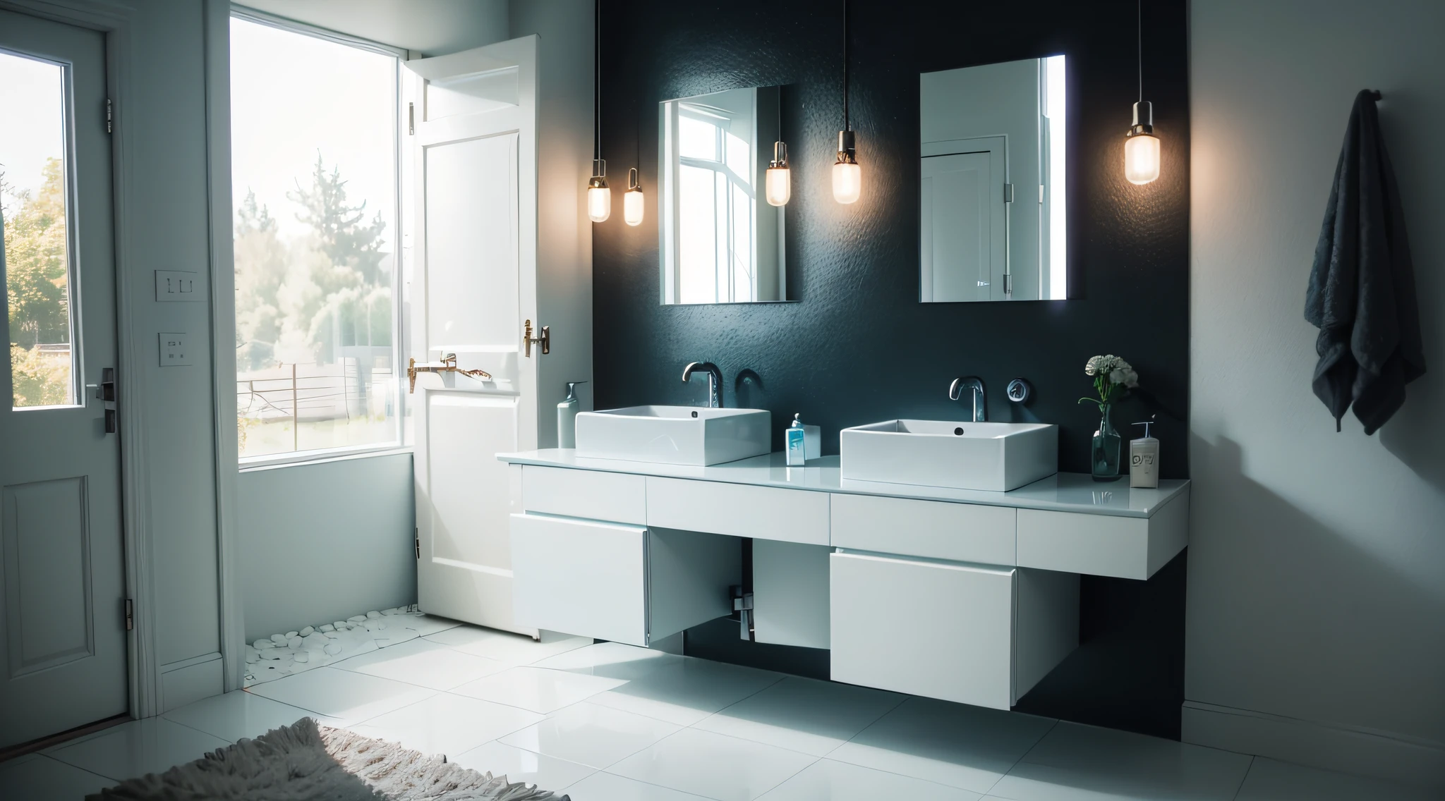 Bathroom scene，Handwashing stations，Double faucet double sink close-up，Photographic works，high-level，Minimalist，mirrors，light and darkcontrast，complementary colours，reflective light，Vertical painting shadows，modern day，No Man --auto