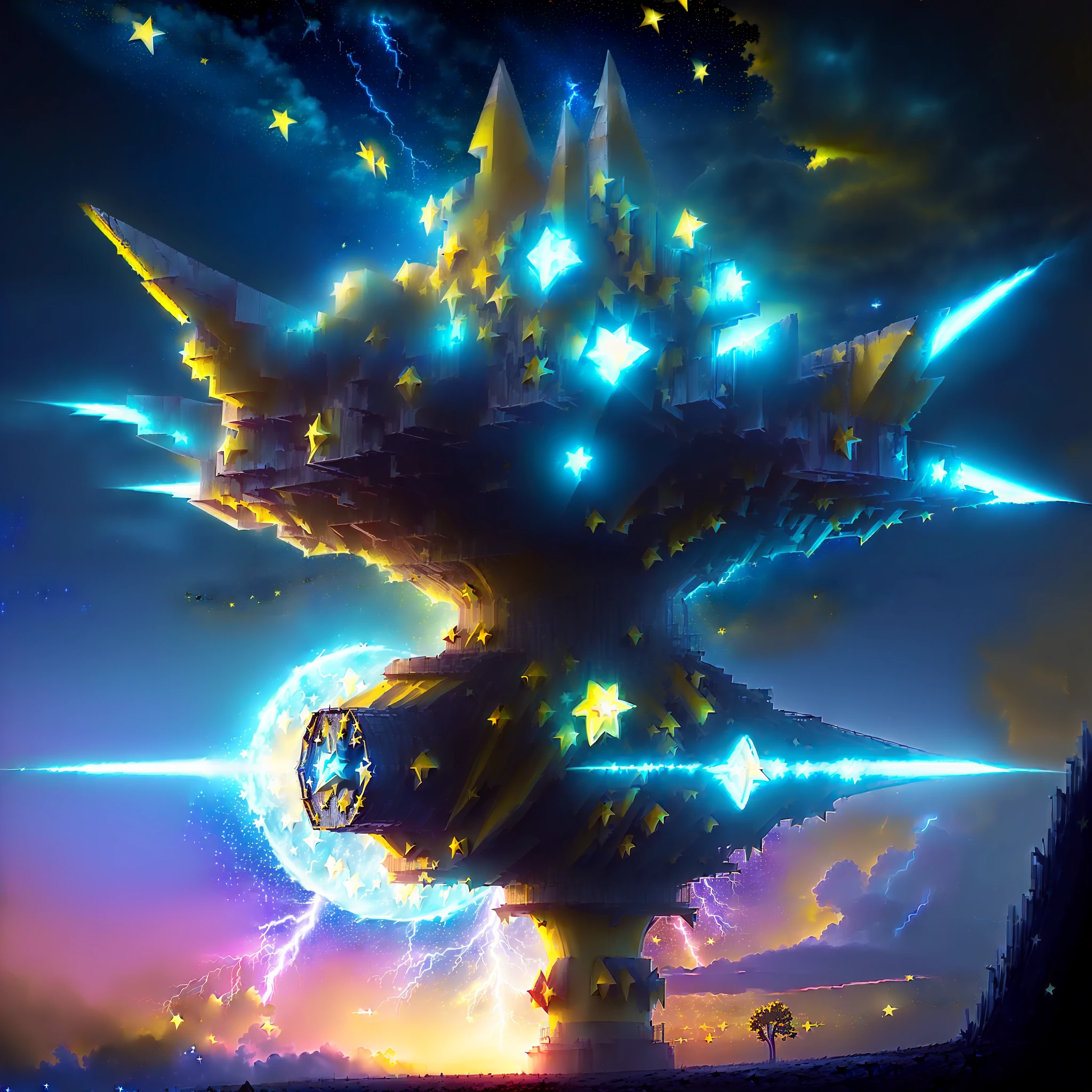 ((yellow sky+stars in the background:1.5), lightning all around:1.2)