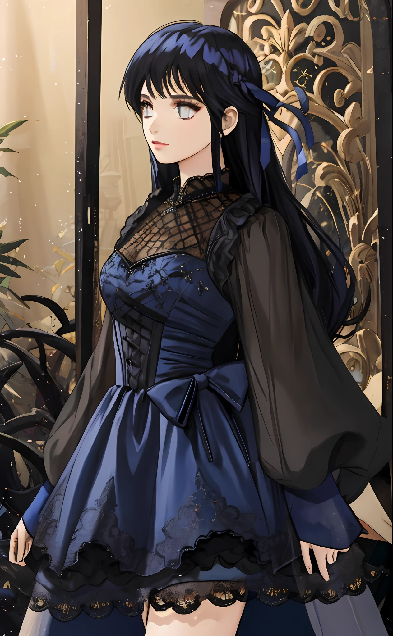 1girl, wearing this dress, beautiful, long hair, from front, fantasy dress, decorative dark blue clothing, magical dress, black gothic lolita dress, regal dark blue clothes, dark astral dress, gold brocaded dark blue clothes, elegant dark blue dress, dark blue and black, dark blue clothes, wearing fantasy formal clothing, big dark blue ribbon in back waist, shinning, glitter