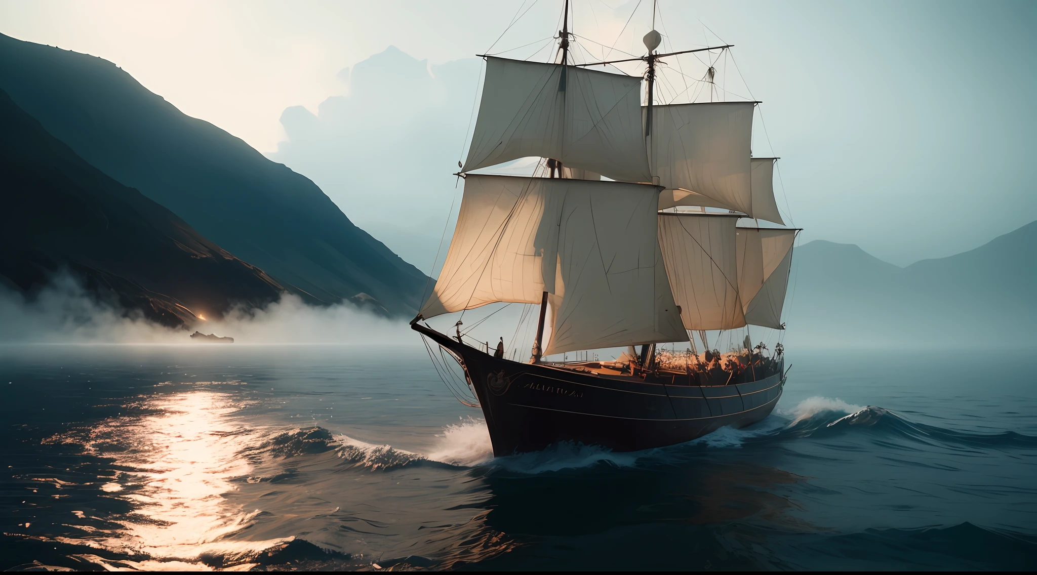 obra-prima, um navio dos anos 1500 navegando no mar, Aesthetics 1500, Medieval aesthetics, nuvens, litoral a vista, fog, dia, Very detailed lighting, Dramatic, trending digital art in Artstation 8k HD realistic detailed high definition, detalhado, textura da pele, hiper detalhado, textura de pele realista, armadura, melhor qualidade, Ultra alto nada, (fotorrealista: 1.4), alta resolução, detalhado,  foto crua, sharp re, por Lee Jeffries Nikon D850 Film Fotografia de Stock 4 Kodak Portra 400 Camera F1.6 lens rich colors hyper realistic texture dramatic lighting unrealengine trend in artstation cinestill 800