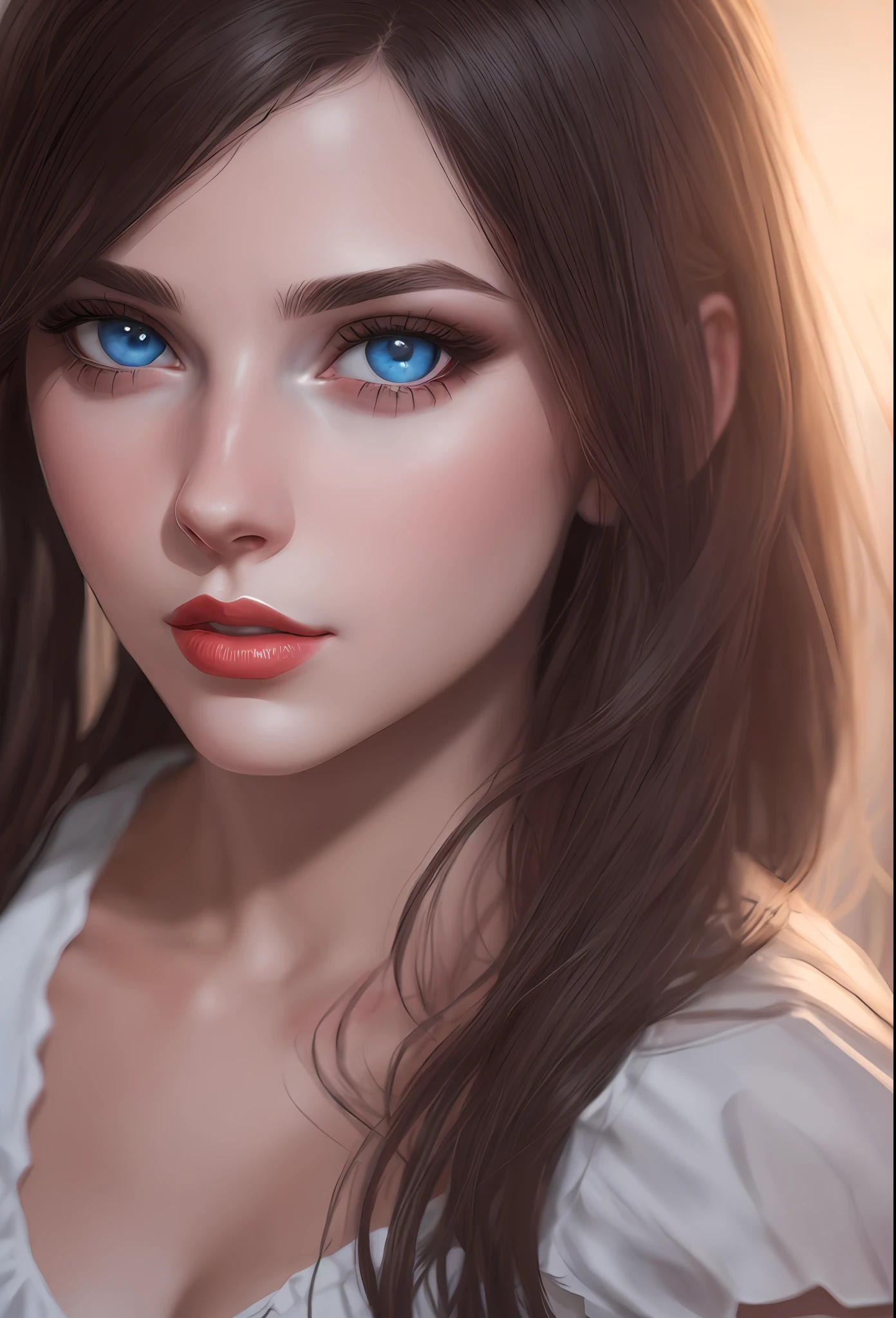 um close up de uma mulher com olhos azuis e um batom vermelho, estilo de arte realista, rosto bonito realista, pintura digital realista, estilo de arte fotorrealista, rosto bonito fotorrealista, Arte digital realista 4K, Arte digital realista 4K, retrato de beleza detalhado, No estilo de arte de Bowater, realistic digital illustration, photorealistic anime girl rendering, belo rosto realista