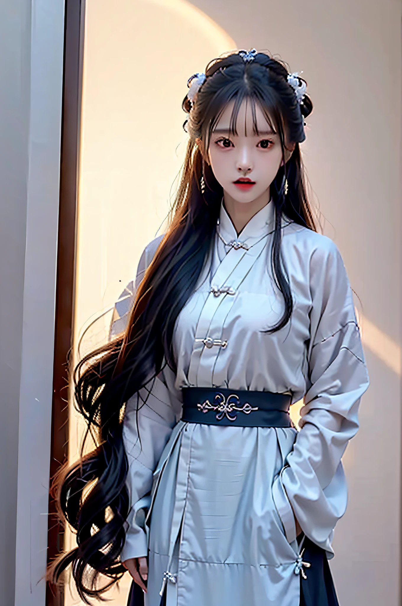 （Hyperrealistic,）4K,35mm,cinematography，super high details, Professional lighting, Best quality, Super high resolution, Visually stunning, (1girls:1.3), (dark blue theme:1.2), Light gray background, Deep blue, Wuxia,Chinese style,Hanfu,Tang Feng,,The skin, Skirt，