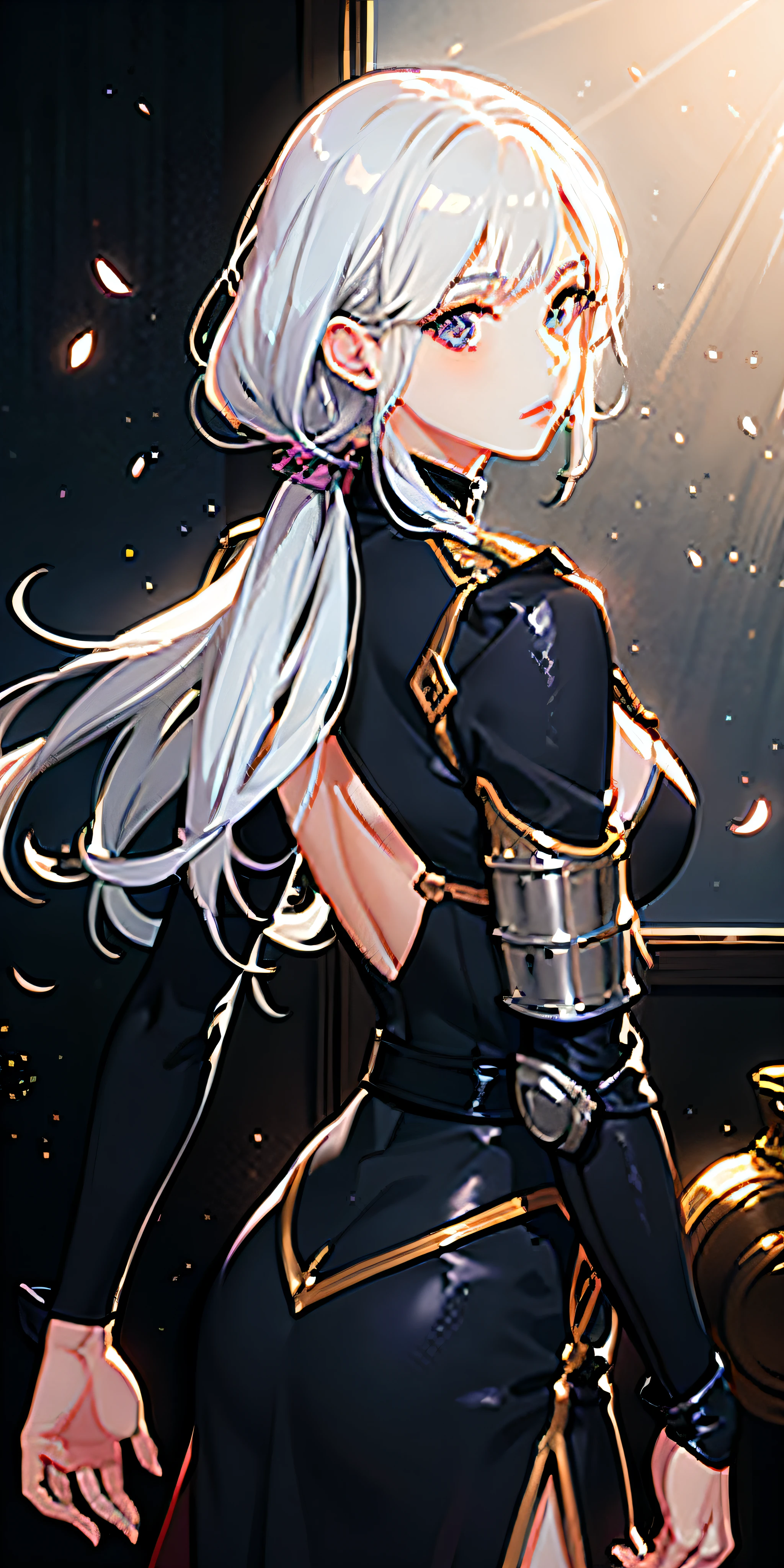 realistic, 1girl, white hair, purple eyes, japanese armor, backlighting, light particles, light rays, wallpaper,