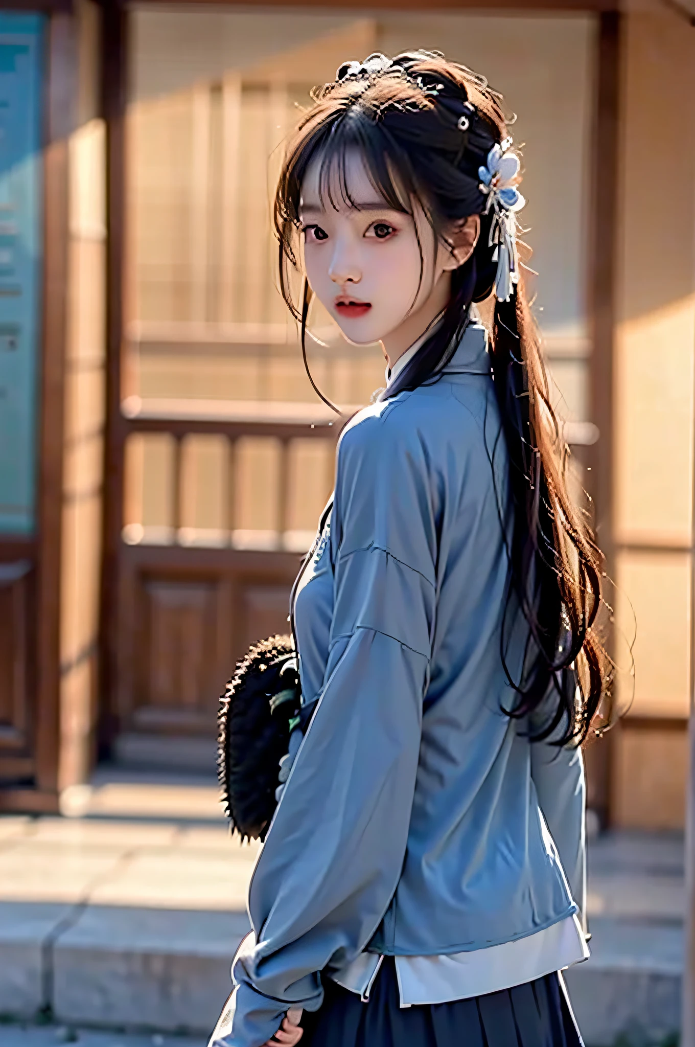 （Hyperrealistic,）4K,35mm,cinematography，super high details, Professional lighting, Best quality, Super high resolution, Visually stunning, (1girls:1.3), (dark blue theme:1.2), Light gray background, Deep blue, Wuxia,Chinese style,Hanfu,Tang Feng,,The skin, Skirt，