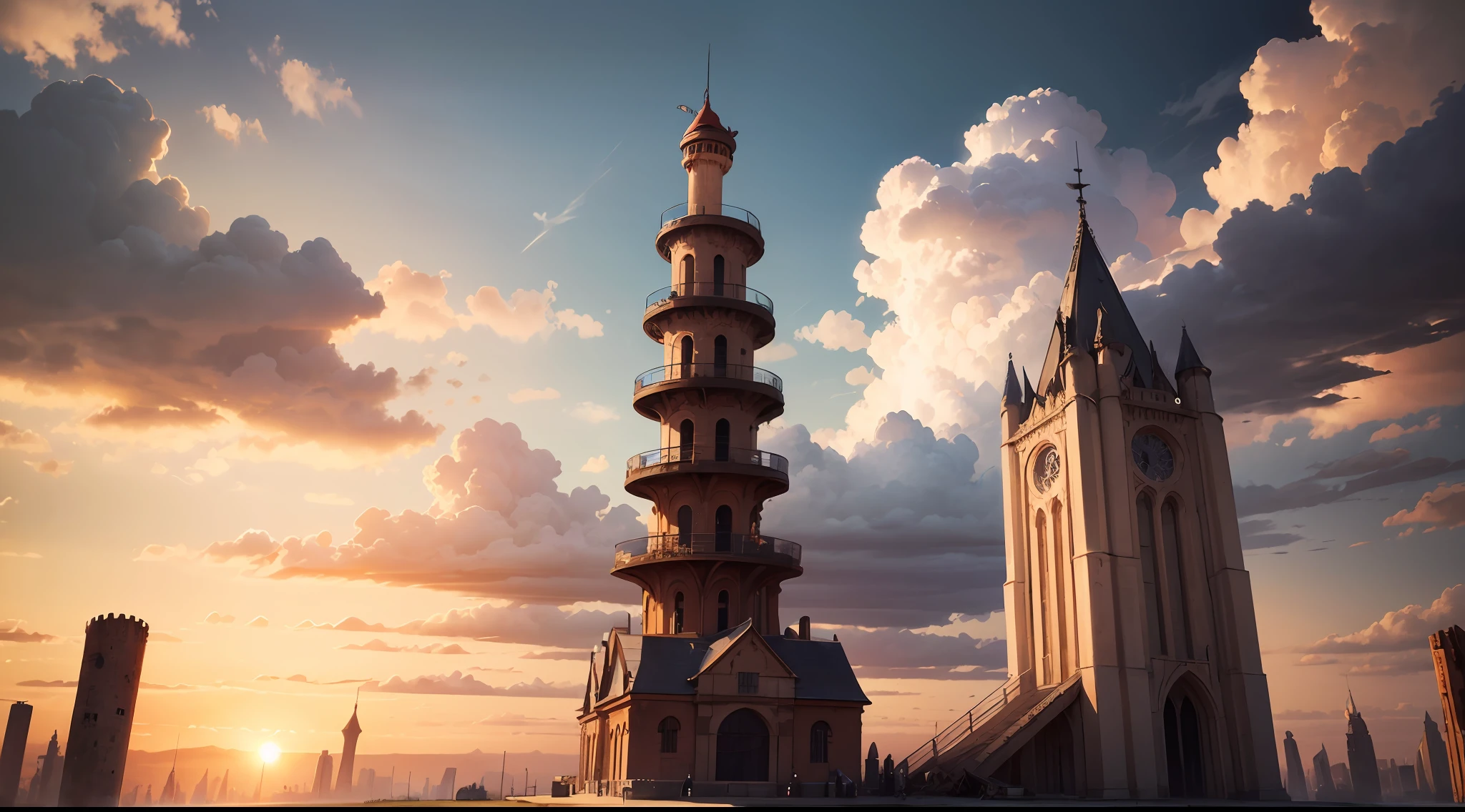 Masterpiece, 4k, 8k, good quality, CG wallpaper image, best of quality, A lone tower spiraling upward into the clouds, as if holding up the sky itself, quietly watching the sunset's vibrant hues, reminiscing about its builders long gone, reminding all that times may change but some things will remain as left