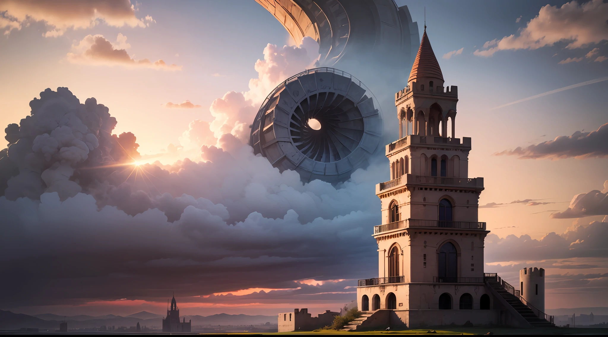 Masterpiece, 4k, 8k, good quality, CG wallpaper image, best of quality, A lone tower spiraling upward into the clouds, as if holding up the sky itself, quietly watching the sunset's vibrant hues, reminiscing about its builders long gone, reminding all that times may change but some things will remain as left