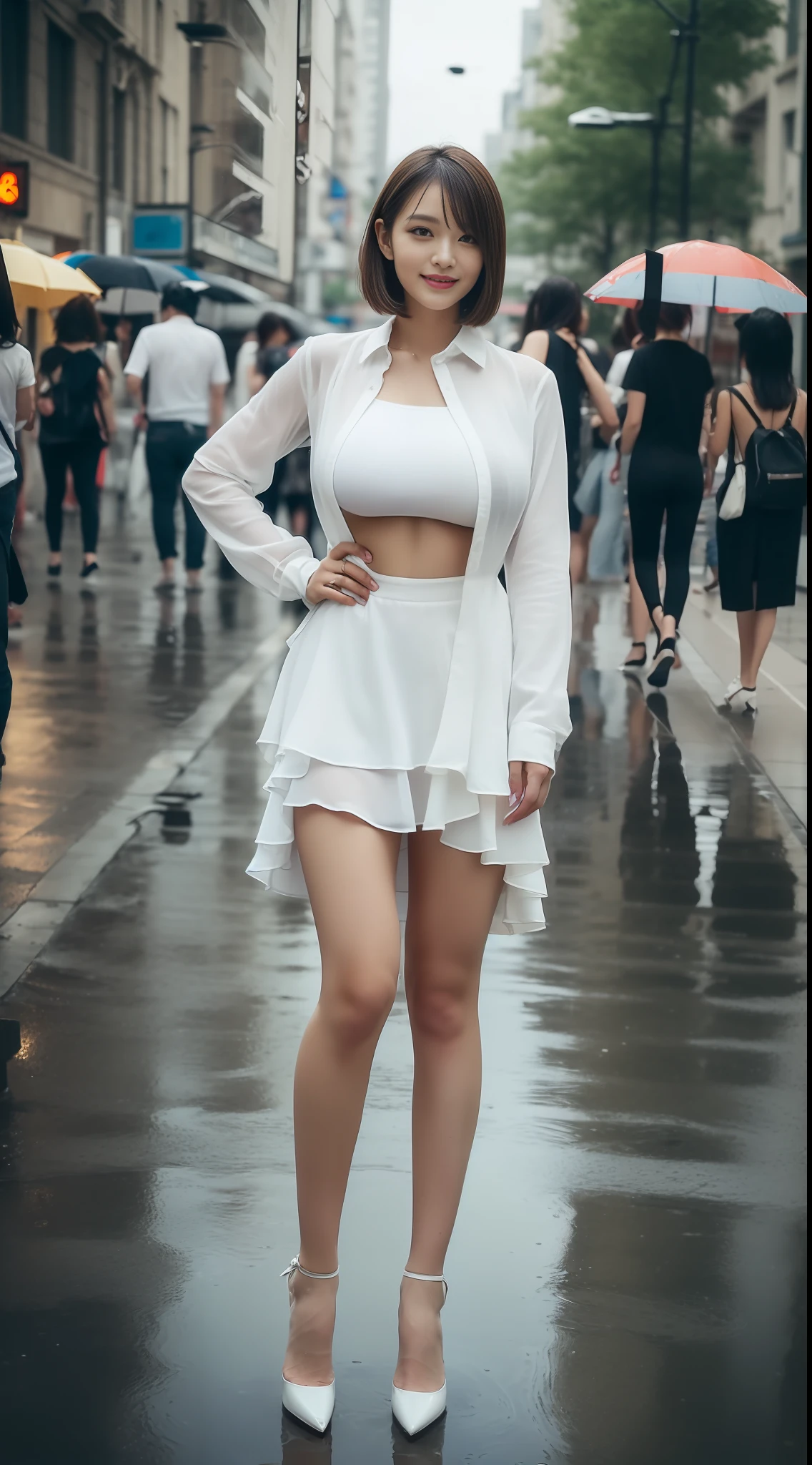 ((beste-Qualit、8K、巨作:1.3))、sharp foc:1.2、A beautiful woman with perfect body:1.4、((Layered Haircut、big tit:1.2))、(White shirt wet by rain)、(rainny、a street:1.2)、Wet Body:1.1、body complet、Denim Short、((high heals))、(((Beautiful leg line beauty:1.2)))