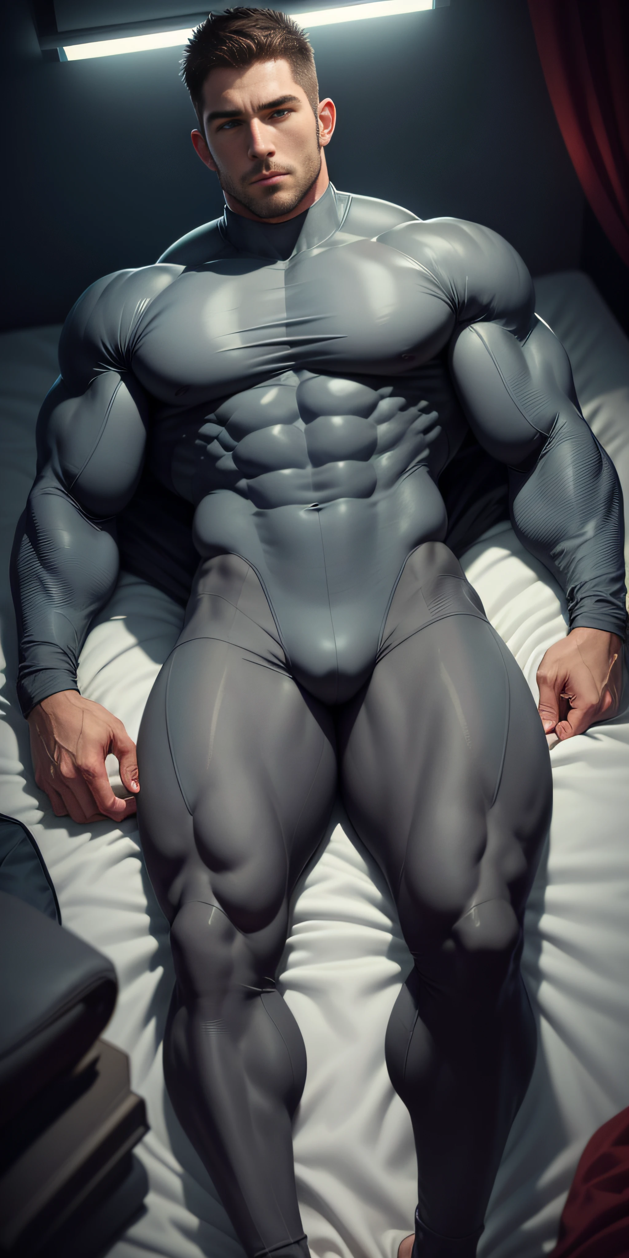 1 muscular man wrapped in a light gray Spider-Man turtleneck Slime，Sleep on a large bed wrapped in light gray tentacles，There are plenty of light gray tentacles on the bed，Eyes are confused，muscular male hero，buzz cut，Tall and burly，very muscular！Tall, Burly, and strong， Sneak suit，Thickened warm tights， Sexy thick legs，super gain and cool， high resolution commission， character designs（Resident Evil - Chris Redfield，Chris Redfield），Rough big feet，Light gray cotton socks，Attractive strong men，Warm lights shone on the body