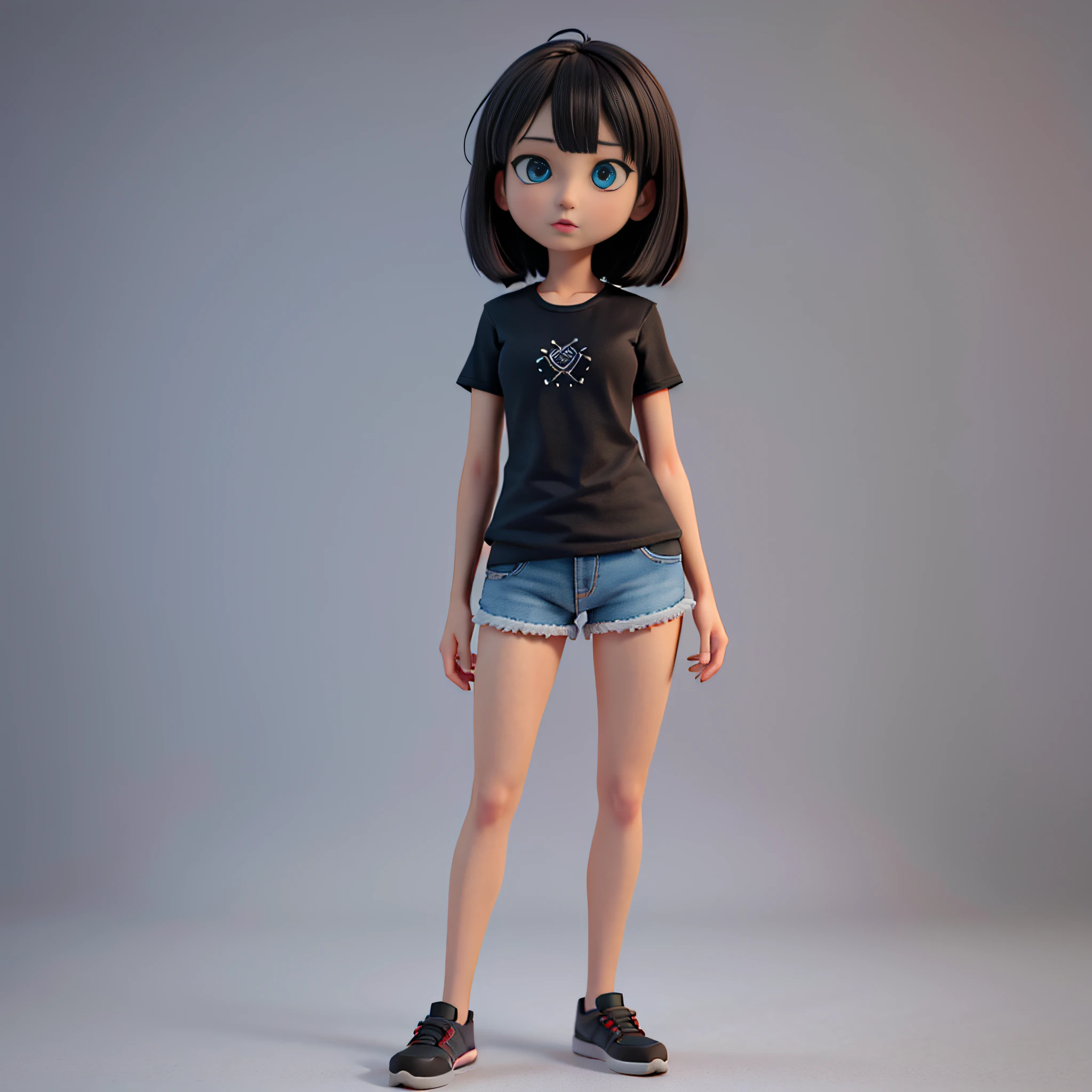 there is a woman standing with a black shirt and blue eyes gray background, realistic anime 3 d style, anime styled 3d, close up character, 🤤 girl portrait, small character. unreal engine 5, stylized anime, 8k portrait render, render of a cute 3d anime girl, 3 d render character art 8 k, highly detailed character, 3d character