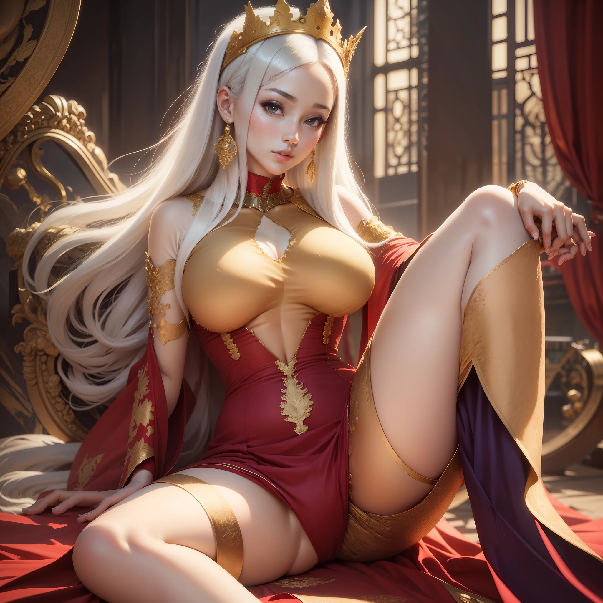 White skin princess, sexy, ecchi hentai Nicki Minaj as a queen, sitting on the Ancient Royal Throne, in the ancient royal palace, wearing goldern crown, transparent red royal outfit gold royal shirt unbuttoned revealing her breasts fully, perky tits,major cleavage, major camel toe, thick camel toe exposed, huge shiny breasts exposed, nearly naked, Goldern hair bangs, (8k, RAW photo, photorealistic: 1.25), ( lip gloss, highest quality, ultra high resolution, depth of field, chromatic aberration) Staring at the viewer, aroused, sexy pose, black choker, full body,goldern knee high stockings, see-through sheer panties, see-through royal quenn outfit, pubic hair visible, hairy,breasts visible, perfect hands, perfect feet, large ass, perfect body,perfect breast, vaporwave, sfw