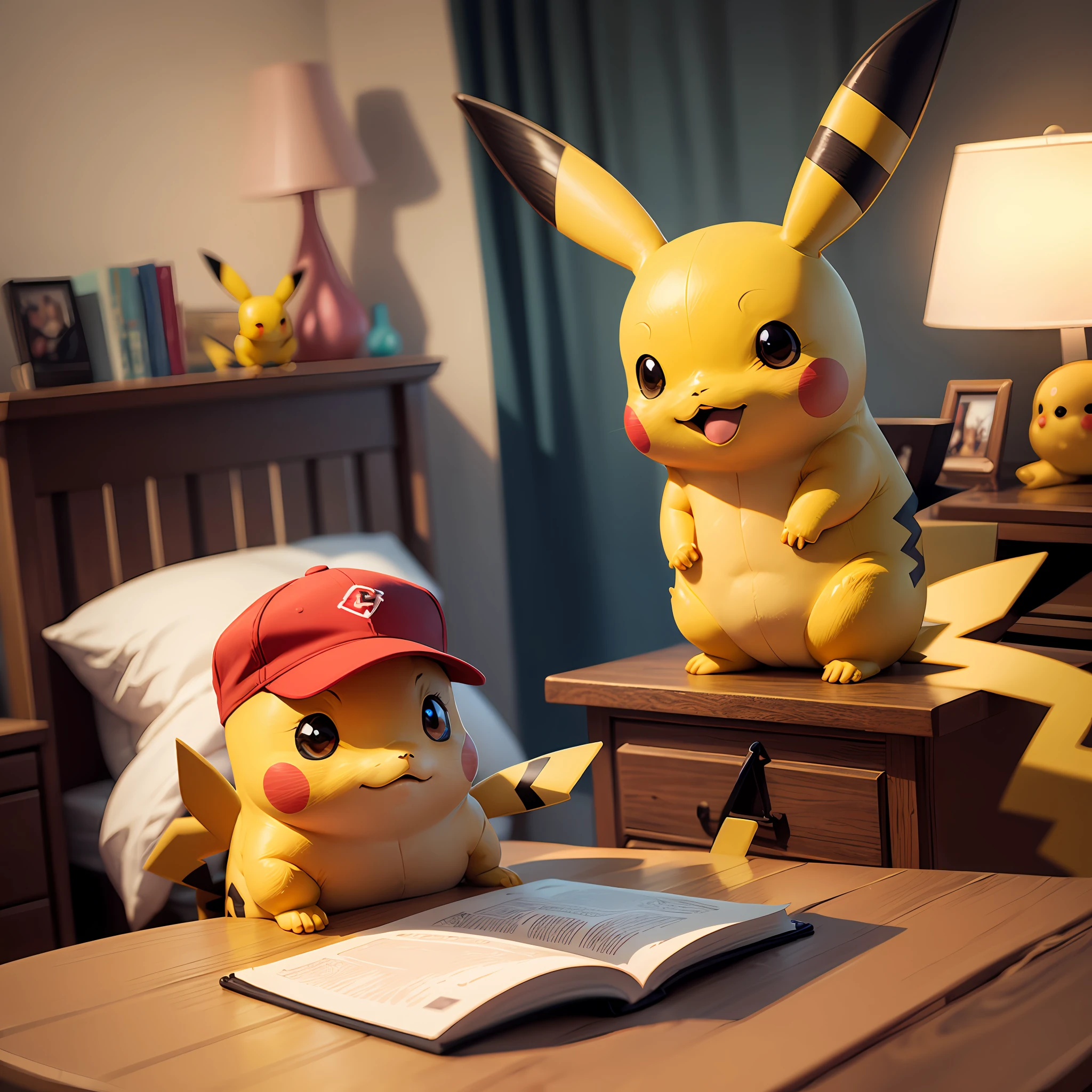 A Pikachu toy,nightstand,style of anime,Two-dimensional,hand painted style --auto