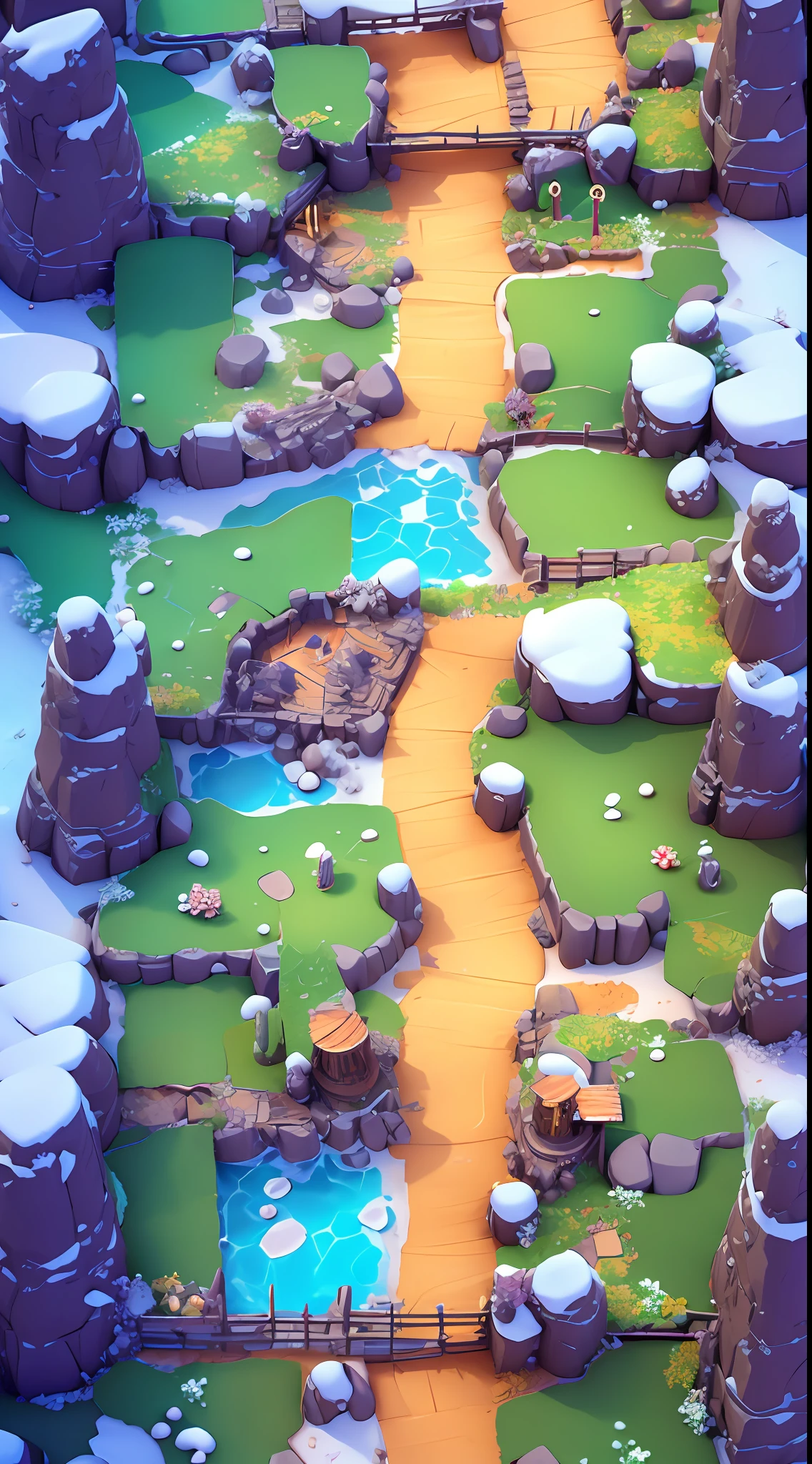 Game map design,cartoonish style,Desert theme、winter season、angle of depression,In the middle is a smooth path,gameicon,A desert,Rochas,cacti,masterpaintings,Epic composition,Best Quority,ultra-high-resolution,3Drender,8K