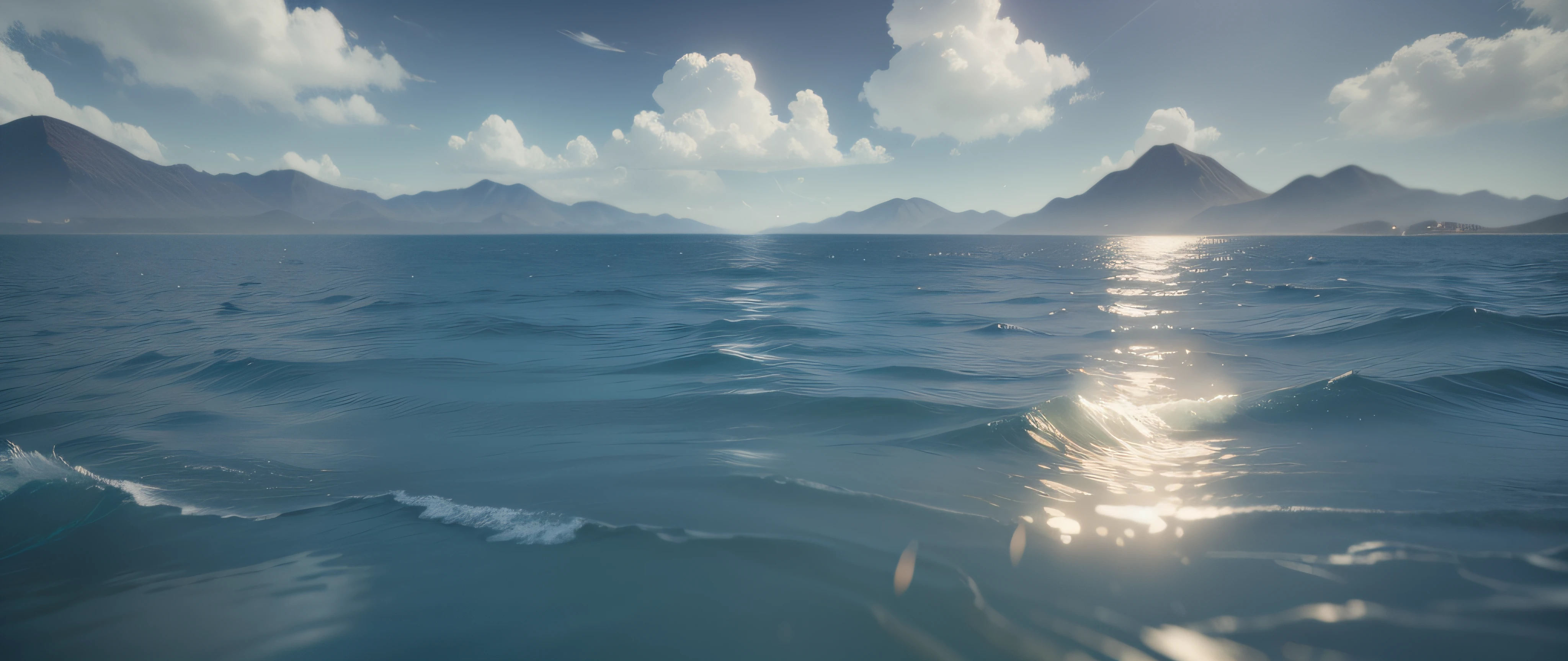 there is a picture of a view of a mountain range from the water, realistic ocean, volumetric light water, realistic water, rendered in cryengine, otcean render, volumetric water, rendered in unity 3 d, rendered in arnold engine, render in unreal engine 5, subsurface scattering light, rendered in rtx, ultra detailed water, Subsurface scattering --auto