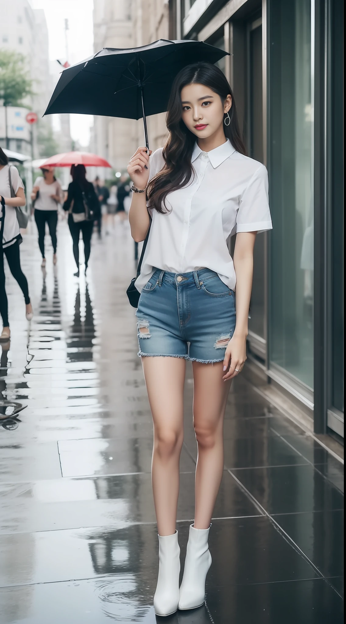 ((beste-Qualit、巨作:1.3))、18 years-old、college student、sharp foc:1.2、A beautiful woman with perfect body:1.4、Detailed and very beautiful face、(White shirt wet by rain)、(rainny、a street:1.2)、Wet Body:1.1、body complet、Denim Short、((high heals))、(((Beautiful leg line beauty:1.2)))