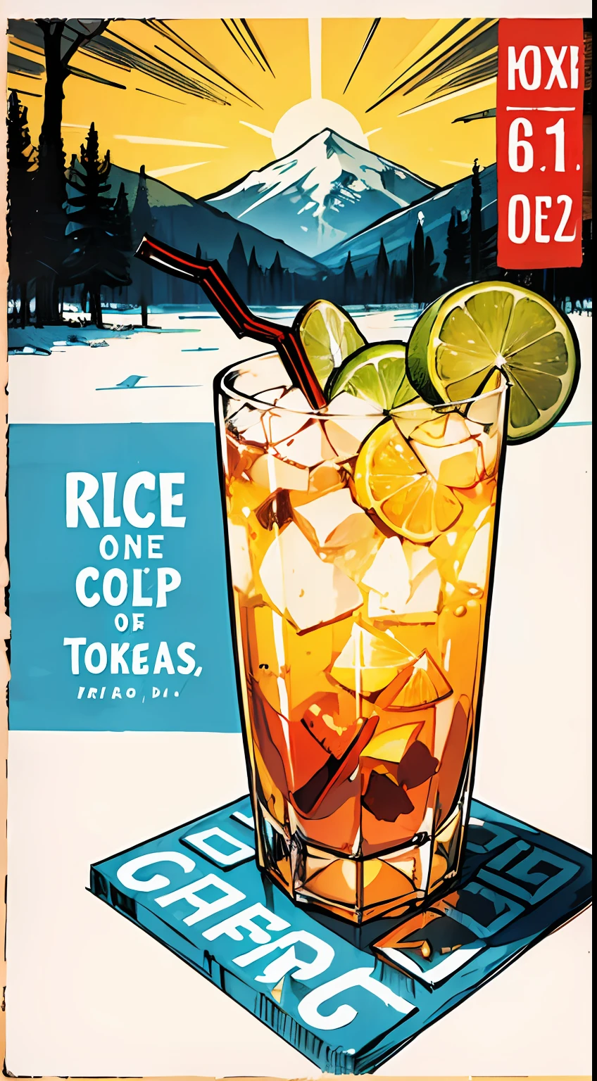 Hand drawn summer cold drink event poster,ice cubes,the fruits ,Hand-drawn work ,2D,vista de topo,Commercial hand-drawn illustration,Rich in tension,a comic style