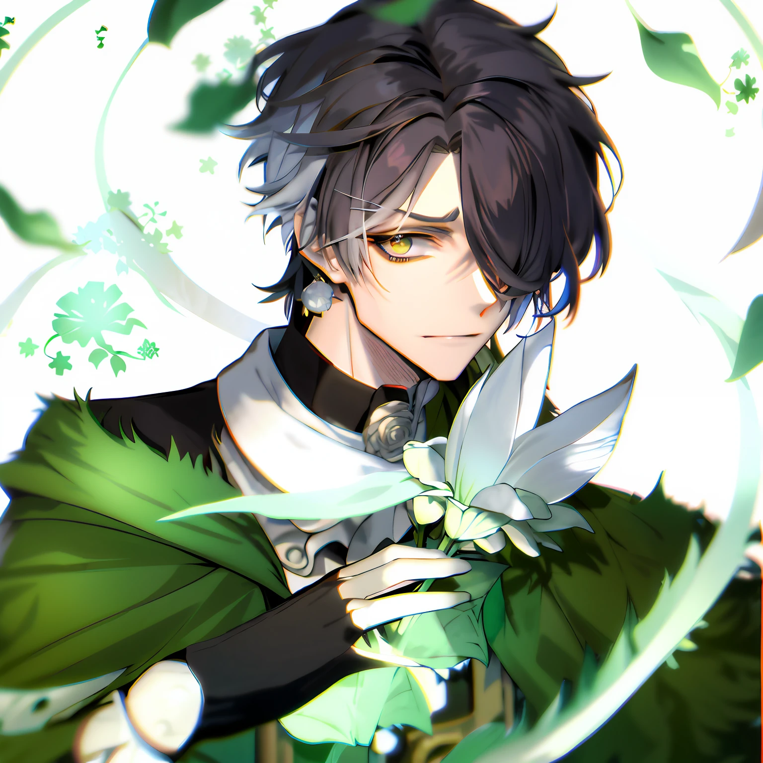 anime boy with a green and black outfit holding a flower, inspired by Okumura Masanobu, demon slayer rui fanart, high quality fanart, inspired by Kun Can, by Ai-Mitsu, tsurumaki kazuya, inspired by Bian Shoumin, official fanart, beautiful androgynous prince, keqing from genshin impact