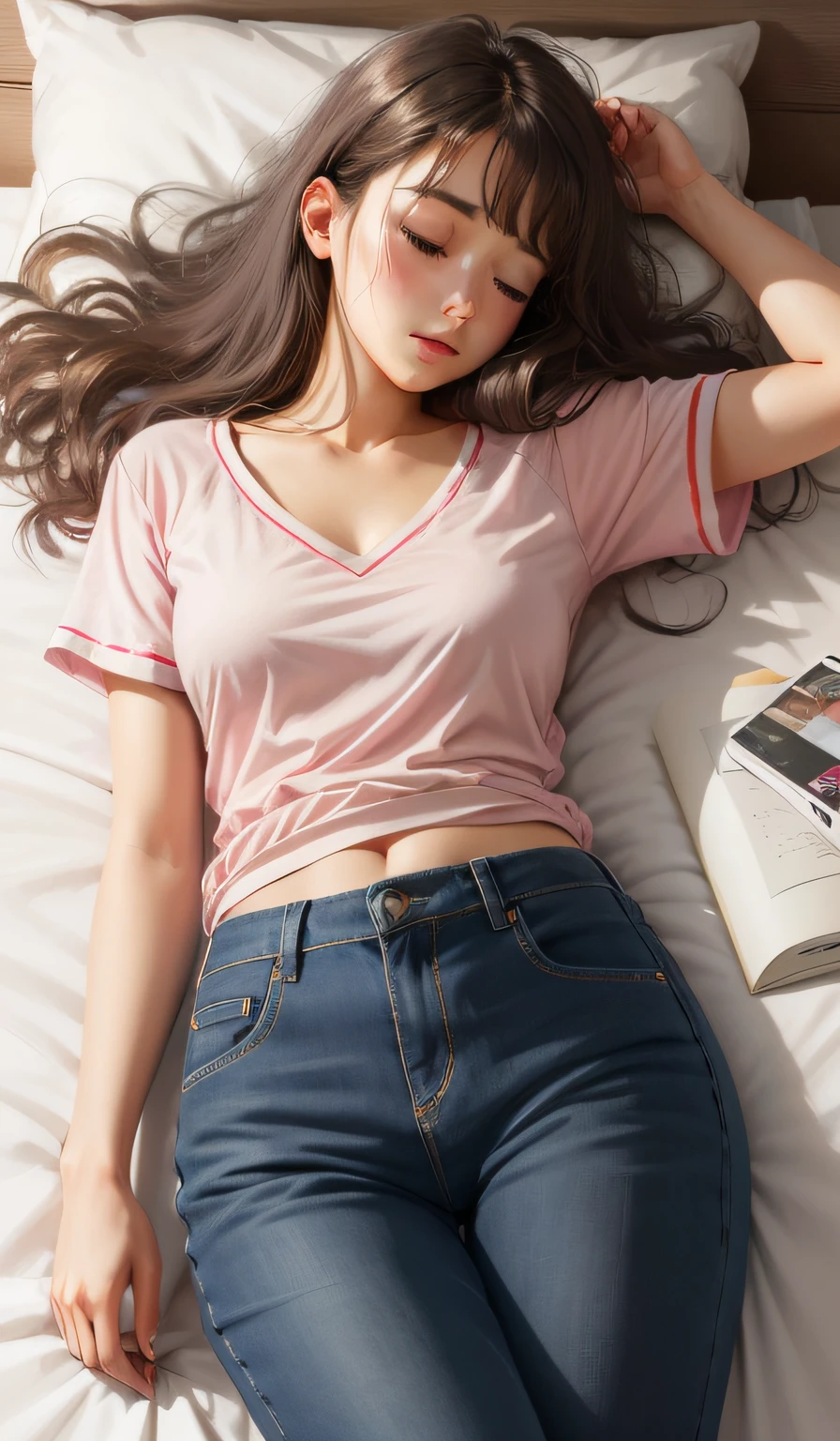 Sleeping girl, 22 years old, realistic, she is wearing long pants, she is wearing pink pajama, brown hair.