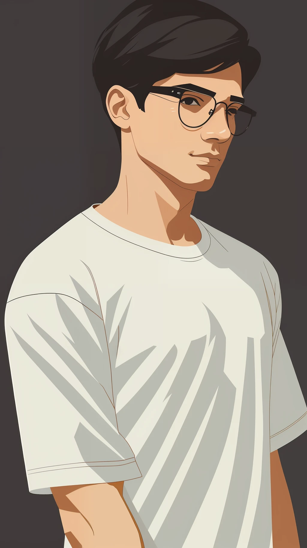 Illustration of black hair young man with white tshirt and Wellington glasses and sneaker holding white wine bottle drawn in a flat design