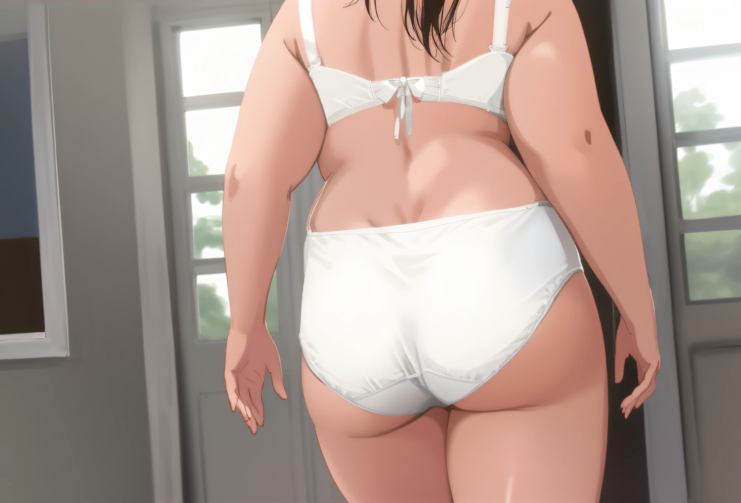 Plus-sized Caucasian woman, in big white panties, and white bra, back shot, big butt, crop shot, walking around home, anime art style, intricate details