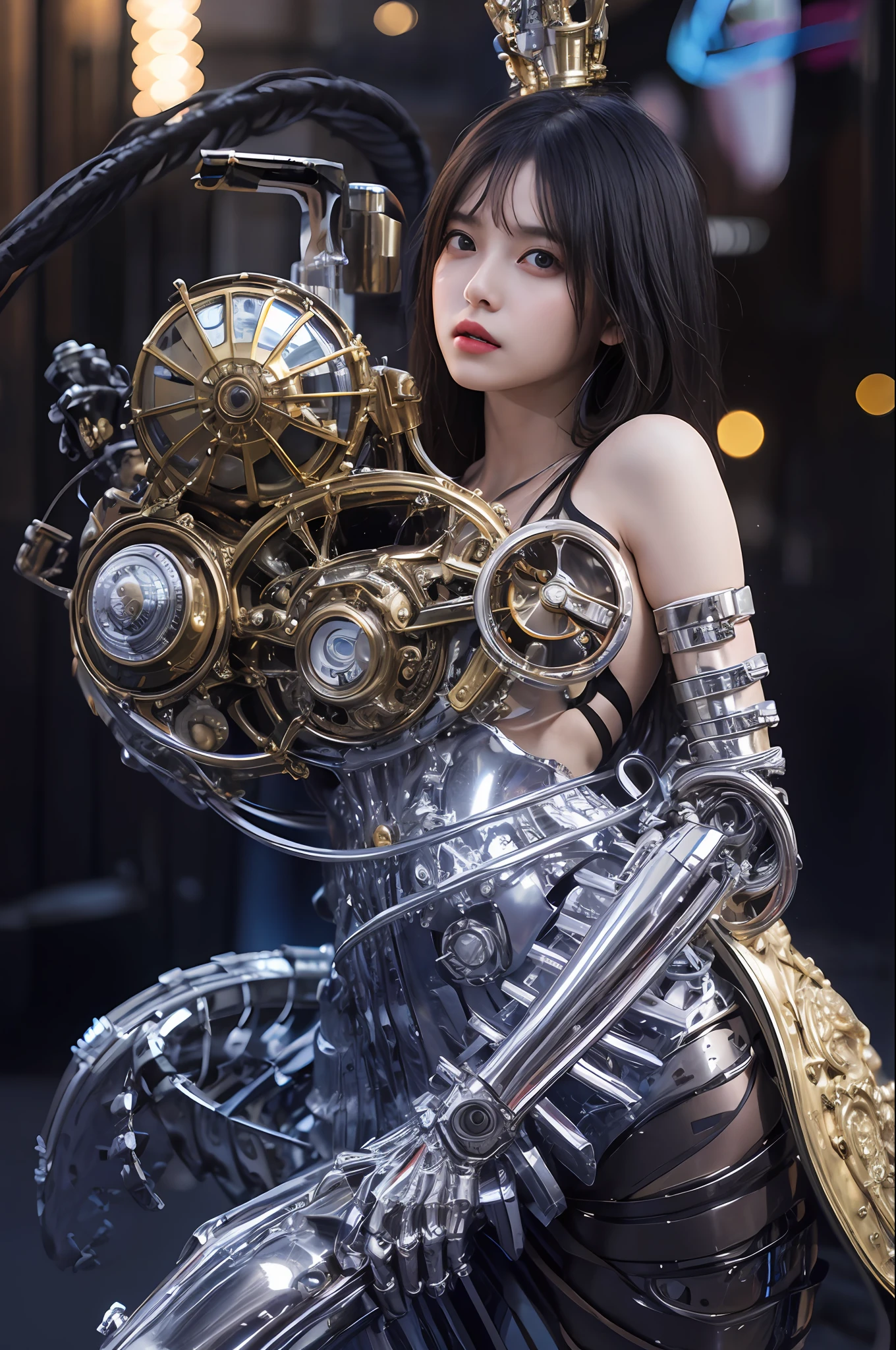 beste-Qualit、巨作、ultra-high-resolution、(photoreallistic:1.4)、Raw photo、1 girl with big、Black hair、glowy skin、1 Mechanical Girl、((hyper realistic detail))、portlate、Global Illumination、Shadow、octane rend、8K、ultrasharp、big tit、Raw skin is exposed in cleavage、Details of complex ornaments、Sumerian details、extremely intricate detail、Realistic light、CGSoation Trends、purple-eyed、radiant eyes、Facing the camera、neon details、Mechanical limbs、blood vessels connected to tubes、Mechanical vertebrae attached to the back、mechanical cervical attaching to neck、sitting on、Wires and cables connecting to the head、evangerion、Small LED lamp、The background is a steampunk city、