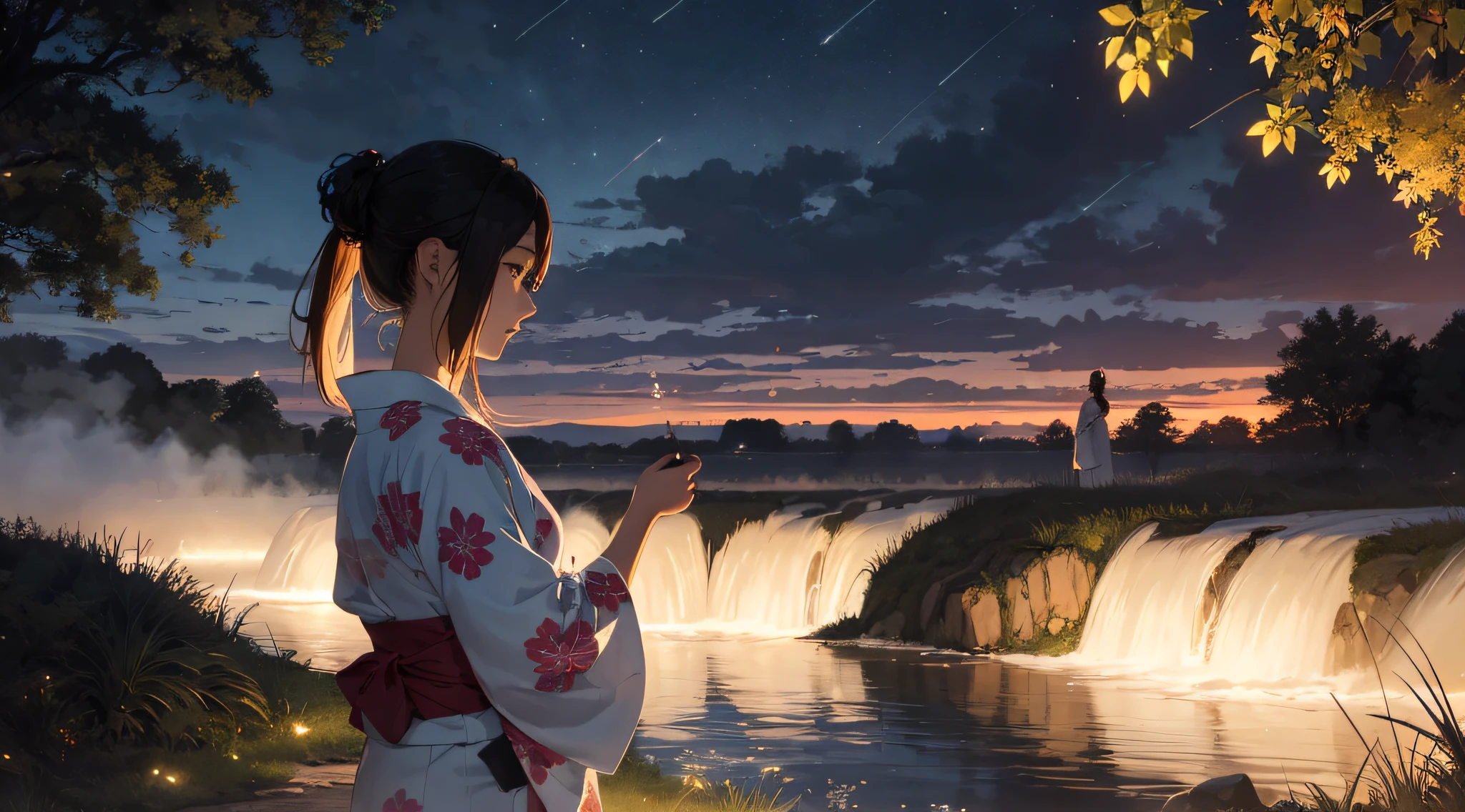 1gril,masterpiece, illusion, top quality, night, cloudy night, oborotsuki, fireflies, countryside, countryside, countryside, river surface, foxfire, adult woman in yukata, confession, evening fog, flowing evening fog, dry ice, soft focus, dense fog, regret, fox bride