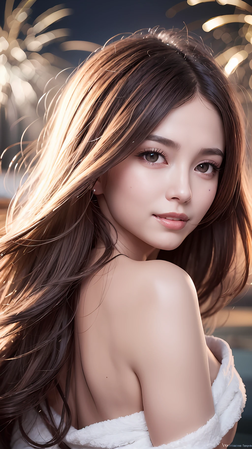 extremely details CG、8k Top Quality、Super beautiful、Super beautiful、1 female、Shot with a pull、skyrocket、Detailed eye、Detailed nose、detailed mouth、black har、Longhaire、Night、portlate、skin whitening、Lustrous skin、focus、firework、bath robe、japanes、、a smile、Touching the hair
