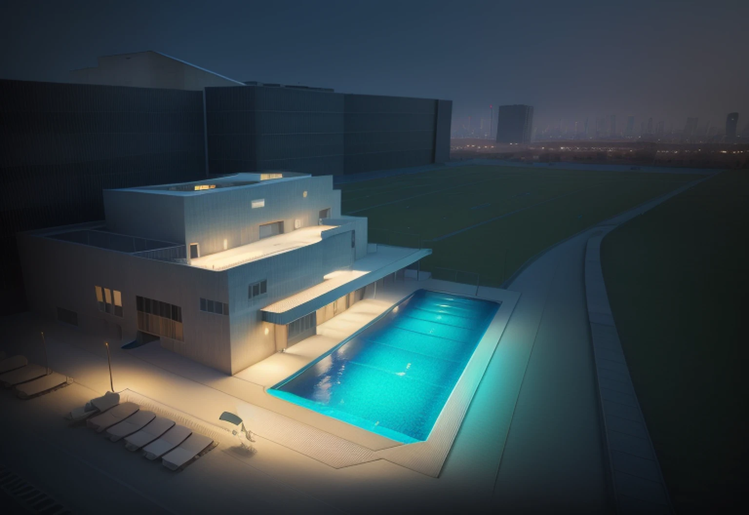 Alafid view of a building,There is a swimming pool in the middle, medical research facility, architectural render, inspired by Tadao Ando, high quality rendering, Rendered in Lumion Pro, Rendered in Lumion, lumion render, artistation render, hyper realistic rendering, hyper - realistic render, photoreal render, architecture render, award-winning render