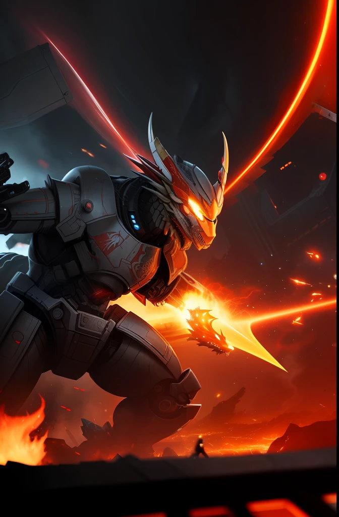 The battle between the mecha warrior and the celestial dragon,Red gold flame light effect,Gray battle ruins background,Intricate armor pattern design,Fierce dragon,Close-up display,Xinhai City,oilpainting,hyper-detailing,4K