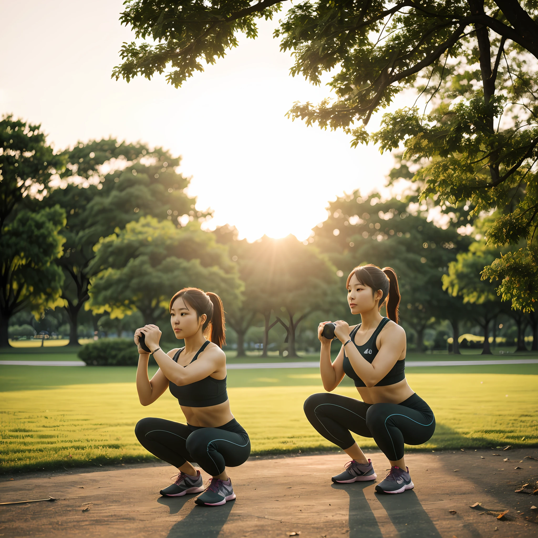 Woman doing 1 squat、in style of ultra realistic、Feel like you've been filmed inside a city park。She is portrayed as a common woman doing a routine fitness routine。Lighting uses the soft light of dusk、Beautifully depicts her shape and movements。Colors are natural and calm tones、Green in the park and orange at dusk、Reflects shades of pink。The composition placed her off-center、Emphasizes the contrast between the park background and her movements。The camera is mirrorless with high resolution、The lens is 50mm、Shutter speed is 1/60、ISO 200、Set the exposure time short。 –AR 16:9 –V 5.1 –style raw –q 2 –s 750 --auto