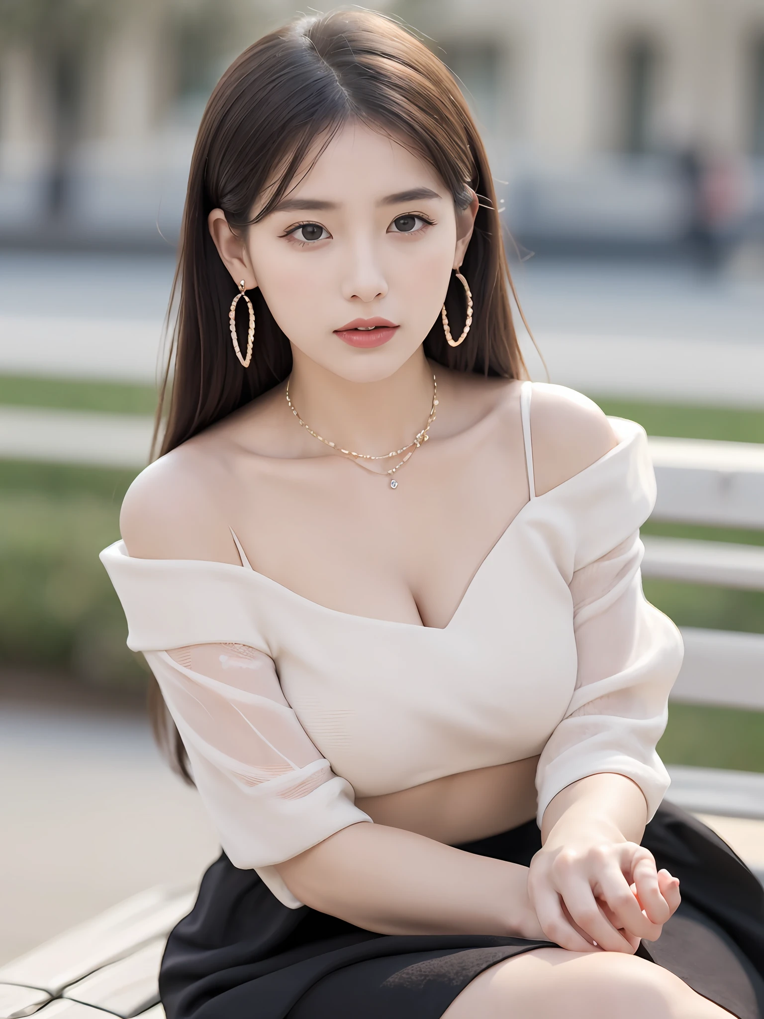 Masterpiece, high quality, high realism, an elegant woman, solo, beautiful face, big eyes, long eyelashes, double eyelids, light makeup, collarbone chain, earrings, sitting on a bench in the city park, attractive pose, off-the-shoulder, printed skirt, fair skin, thin clothes, micro abs, 8K HD quality, blurred background, depth of field, symmetry in the center