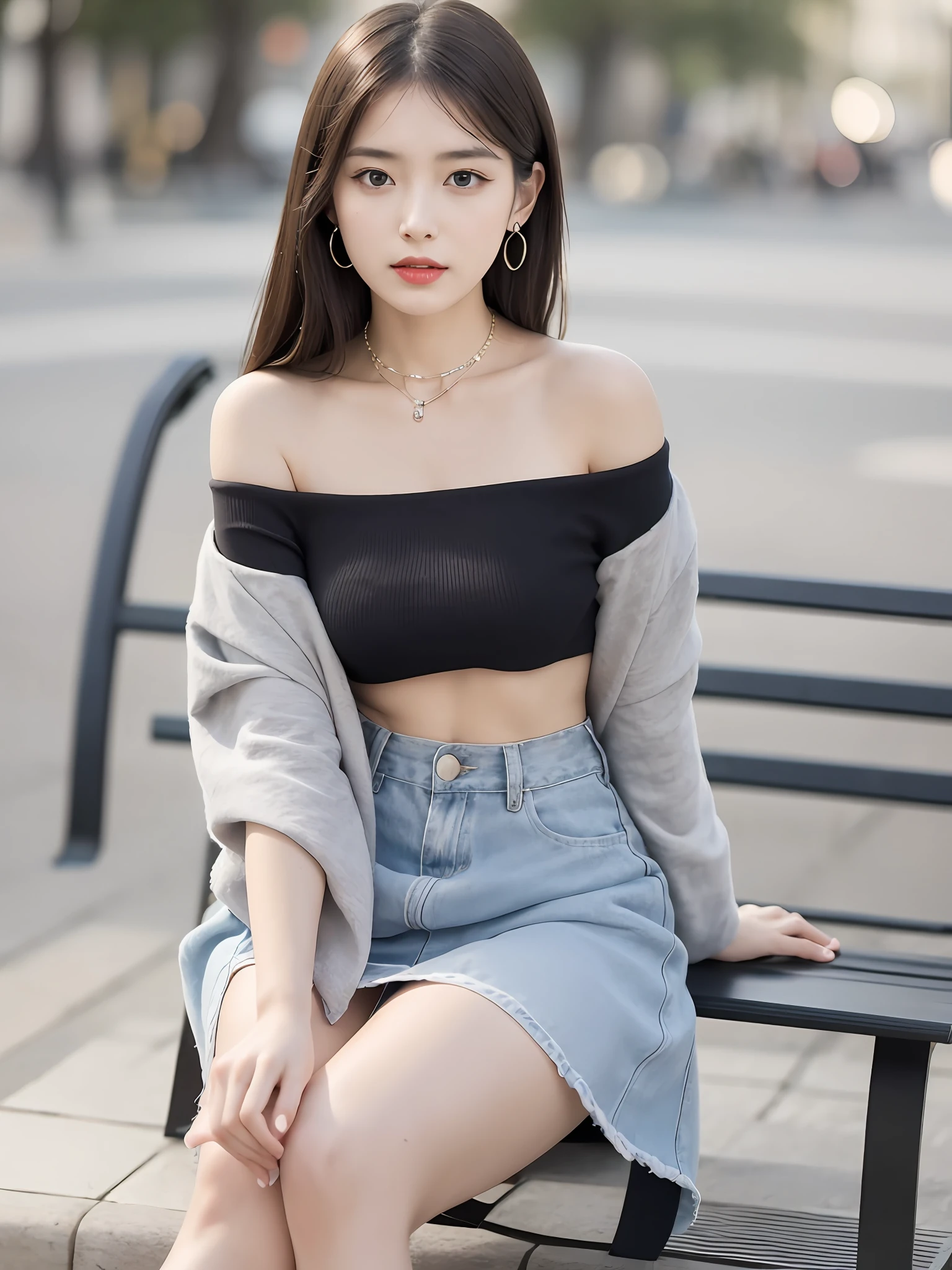 Masterpiece, high quality, high realism, an elegant woman, solo, beautiful face, big eyes, long eyelashes, double eyelids, light makeup, collarbone chain, earrings, sitting on a bench in the city park, attractive pose, off-the-shoulder, printed skirt, fair skin, thin clothes, micro abs, 8K HD quality, blurred background, depth of field, symmetry in the center