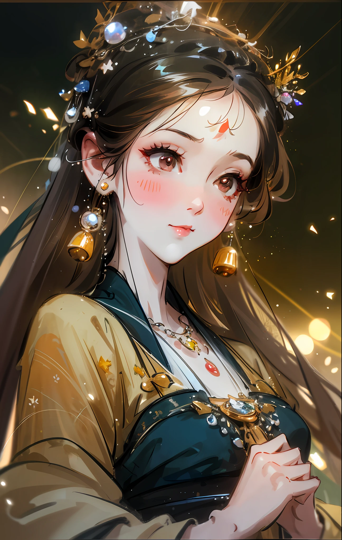 best quality, masterpiece, highres, 1girl,blush,(seductive smile:0.8),star-shaped pupils,china hanfu,hair ornament,necklace, jewelry,Beautiful face,upon_body, tyndall effect,photorealistic, dark studio, rim lighting, two tone lighting,(high detailed skin:1.2), 8k uhd, dslr, soft lighting, high quality, volumetric lighting, candid, Photograph, high resolution, 4k, 8k, Bokeh