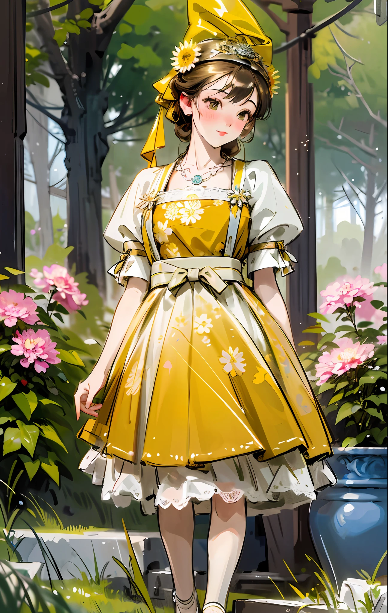 Best quality, masterpiece, high picture quality, 1 girl, blush, (seductive smile: 0.8), love pupils, white top, lace trim, bow on chest, long blue skirt, lace on skirt, yellow ornaments, pink headband, long ribbon, necklace, beautiful face, standing on the path, both sides full of flowers, yellow chrysanthemum, red flower, green grass, spring, white clouds, full body, photographic effect, realistic, , edge lighting, two-tone lighting, (high detail skin: 1.2), 8k ultra high definition, DSLR, soft lighting, high quality, volumetric lighting, capture, photo, high resolution, 4k, 8k, bokeh