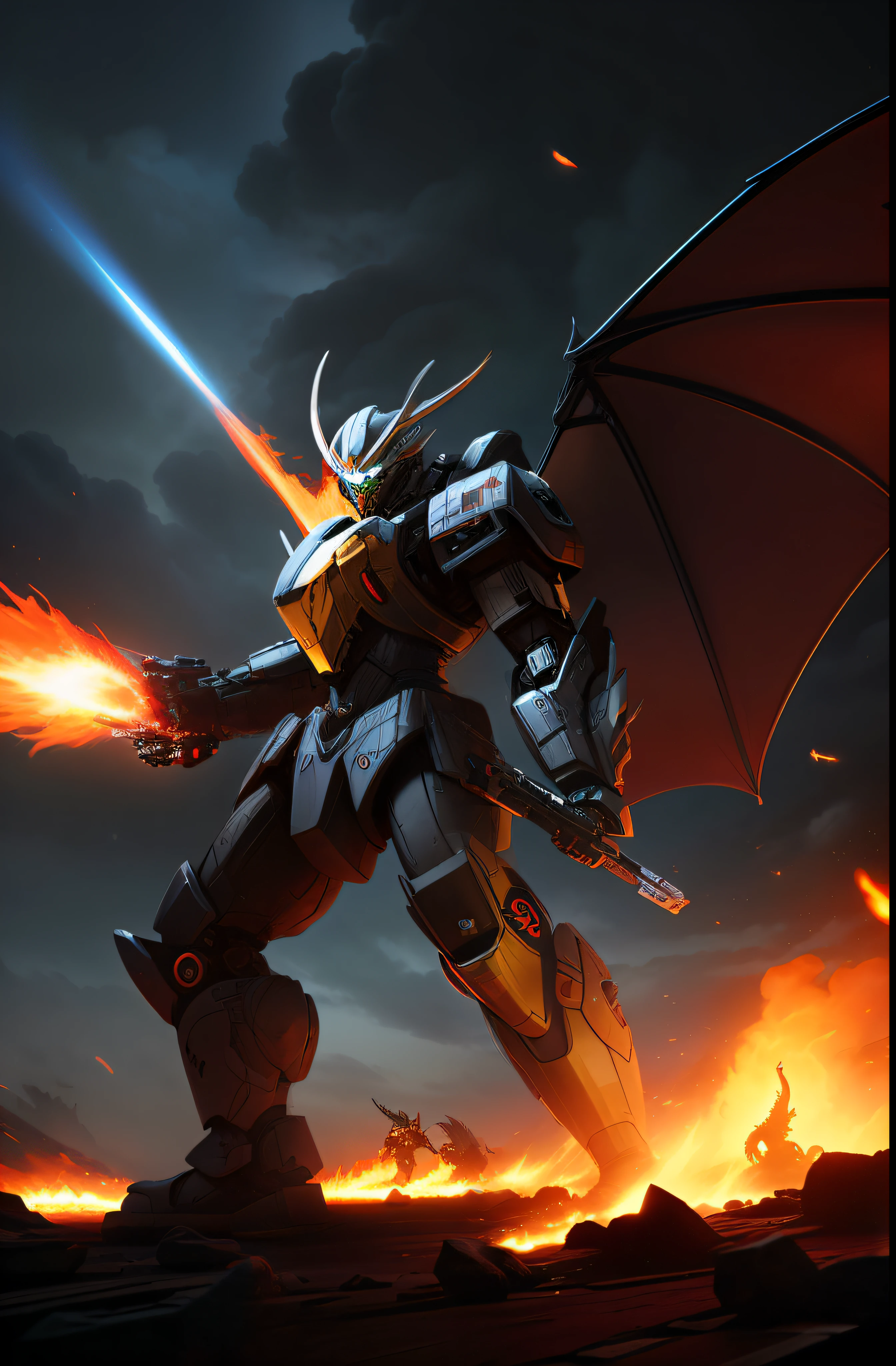 The battle between the mecha warrior and the celestial dragon，Red gold flame light effect，Gray battle ruins background，Intricate armor pattern design，Fierce dragon，Medium view display，Xinhai City，oilpainting，hyper-detailing，4K