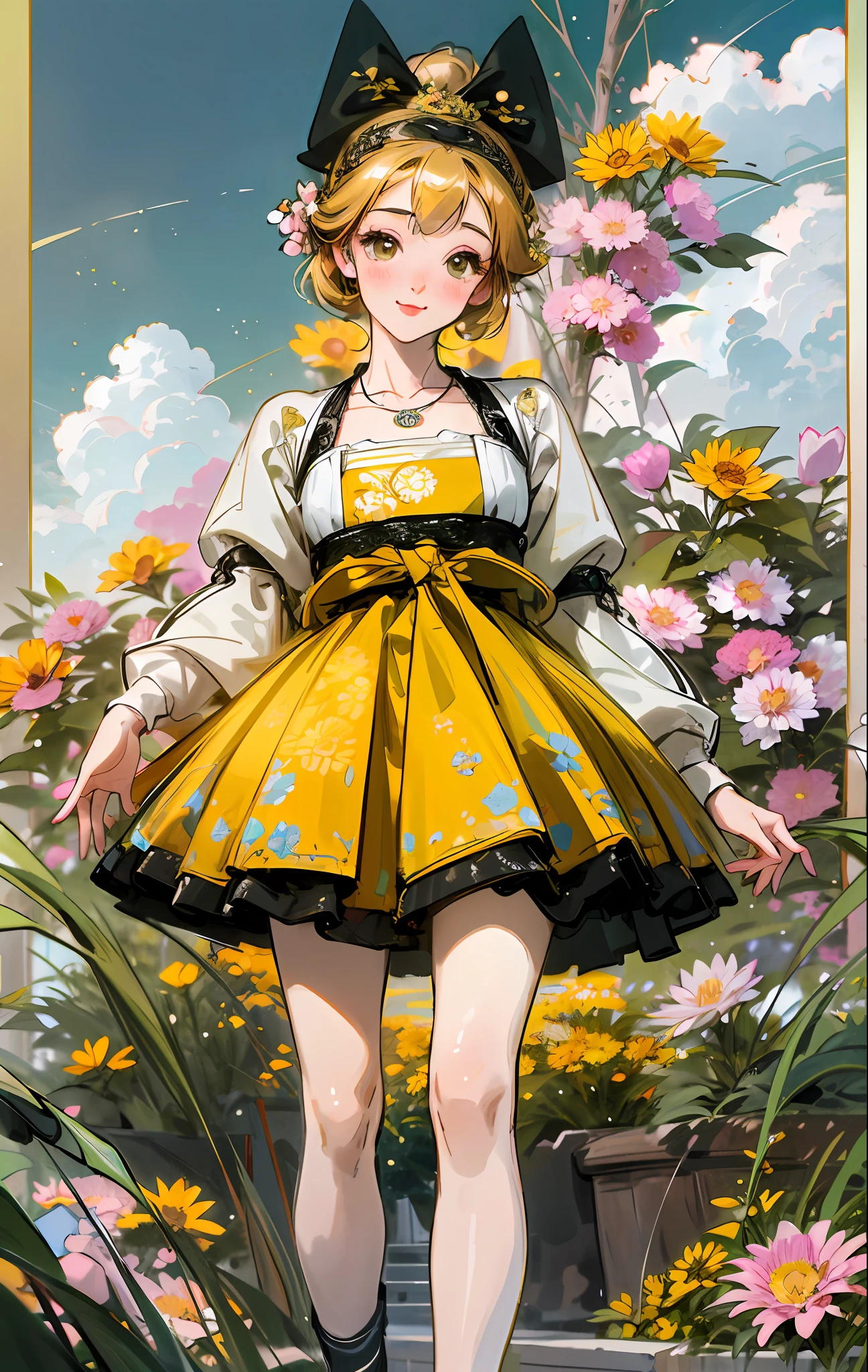 Best quality, masterpiece, high picture quality, 1 girl, blush, (seductive smile: 0.8), love pupils, white top, lace trim, bow on chest, long blue skirt, lace on skirt, yellow ornaments, pink headband, long ribbon, necklace, beautiful face, standing on the path, both sides full of flowers, yellow chrysanthemum, red flower, green grass, spring, white clouds, full body, photographic effect, realistic, , edge lighting, two-tone lighting, (high detail skin: 1.2), 8k ultra high definition, DSLR, soft lighting, high quality, volumetric lighting, capture, photo, high resolution, 4k, 8k, bokeh