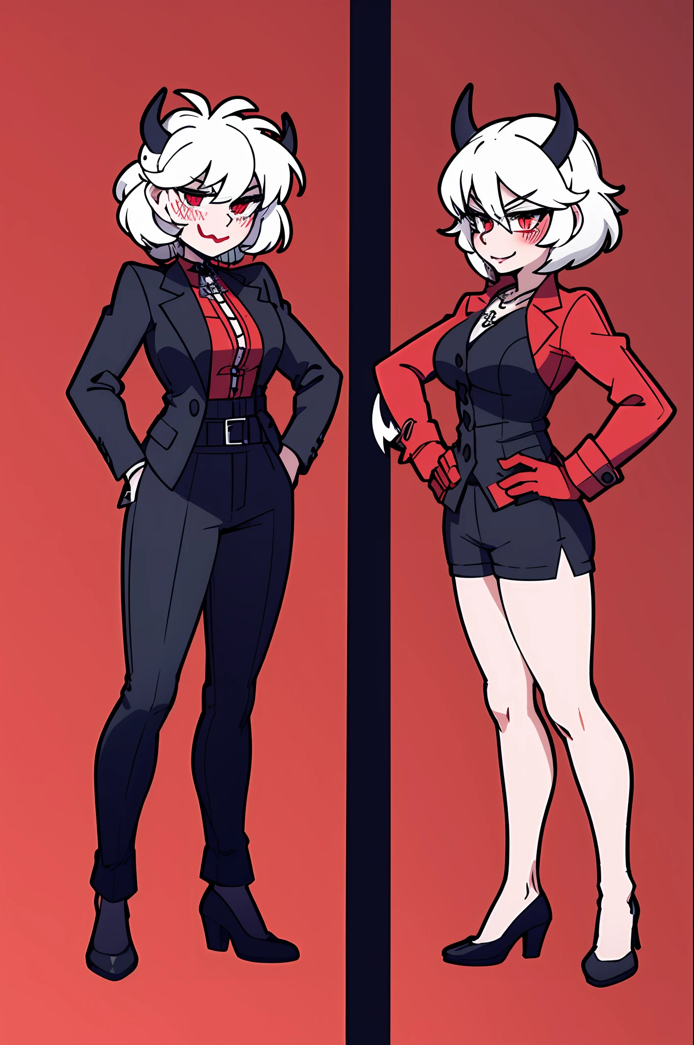 2 girls, close together, Height difference black gloves, breasts, wide hips, blush, blushing, thick thighs, cross necklace, heart eyes, full body shot, horns on head, demon tail, black white and red outfit, red black and white background colors, white hair, tomboy, tall, hands on hips, short hair, smirk, dress shoes, shorts, no undershirt, suit coat, slim eyes, red lipstick,