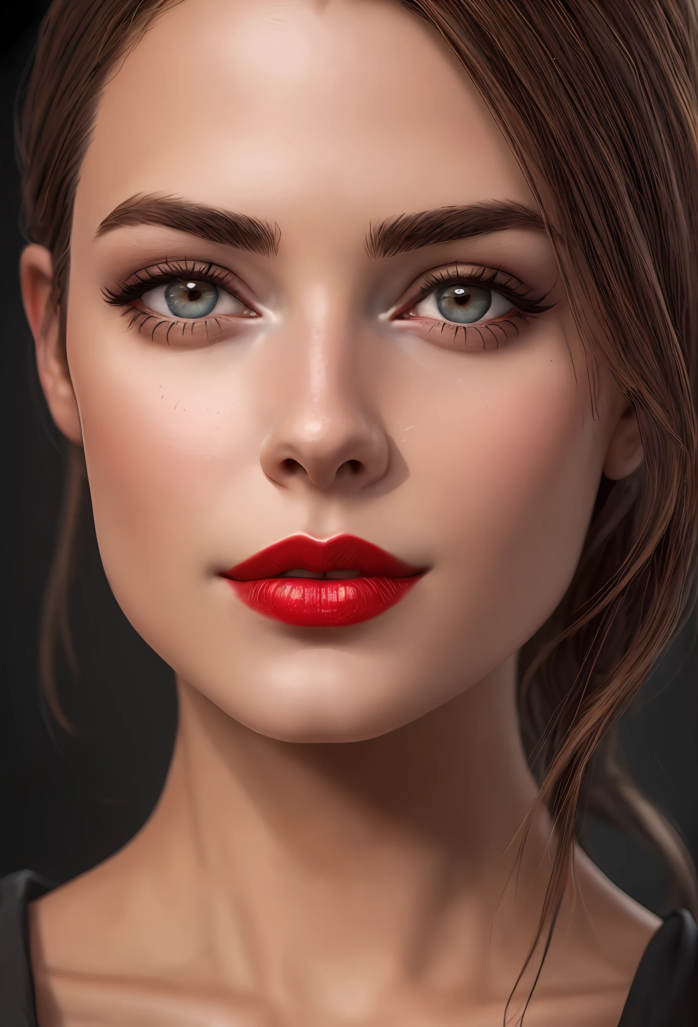mulher arafed com batom vermelho e um vestido preto posando para uma foto, focus on pursed lips, Batom vermelho no rosto, detailed face with red lips, sexy red lips, cara bonita afiada, rosto bonito fotorrealista, rosto sexy com maquiagem completa, light-red lips, red lips, beautiful fine face features, modelo de rosto perfeito, close-up rosto perfeito