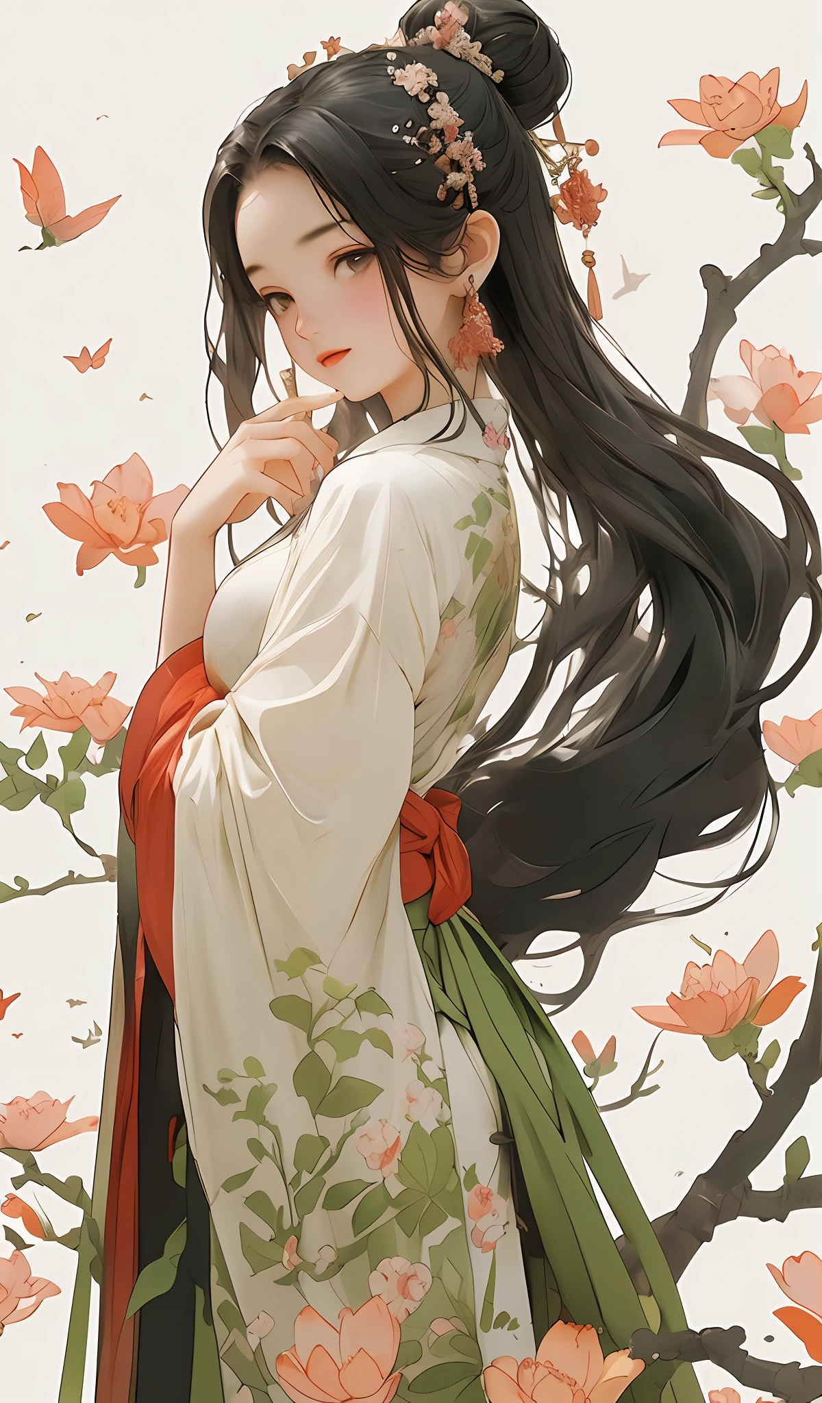 (Masterpiece:1.2, high quality), (pixiv:1.4),(Gongbi painting of the Song Dynasty:1.4)(wide-angle lens,Panoramic:1.2),(imid shot:0.95),(imid shot,macro shot:1.25),Dynamic Angle, Perspective, High Point,
masterpiece, best quality, 8k, insane details, intricate details, hyperdetailed, hyper quality, highancient China(Chinese architecture:1.5)Braid(mature female:1.5),sideways glance, (cold attitude:1.2),
Eyebrows like early spring willow leaves, often with rain hate cloud sorrow, Face such as peach blossom in March, hidden amorous month.   Thin waist curl, constrained yan lazy warbler languid, Sandalwood mouth light, seduce the bee crazy butterfly chaos.   Enchanting jade speech, beautiful jade fragrance,
A shot with tension(sky glows red,Visual impact,giving the poster a dynamic and visually striking appearance:1.2),close-up,(imid shot,macro shot:1.25),(Detailed face description),(Detailed hair description),(Detailed clothes description),
{Extremely Delicate Beautiful},(detailed eye description),((Delicate Faces)),(Beautiful and detailed facial depiction),
(beautiful face),thin face,slim,oval face,perfect face,delicate face,eyes detailed, Milky skin,(full body:1.8), white hair,