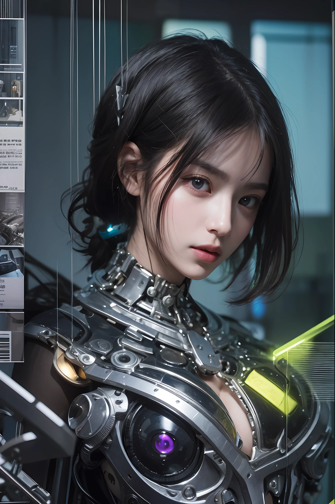 beste-Qualit、巨作、ultra-high-resolution、(photoreallistic:1.4)、Raw photo、女の子1人、Black hair、glowy skin、1 Mechanical Girl、((hyper realistic detail))、portlate、Global Illumination、Shadow、octane rend、8K、ultrasharp、Cyberpunk Girl、big tit、Raw skin is exposed in cleavage、Details of complex ornaments、Sumerian details、extremely intricate detail、Realistic light、CGSoation Trends、purple-eyed、radiant eyes、Facing the camera、neon details、Mechanical limbs、blood vessels connected to tubes、Mechanical vertebrae attached to the back、mechanical cervical attaching to neck、sitting on、Wires and cables connecting to the head、evangerion、Small LED lamp、Fluorescent glowing tubes、