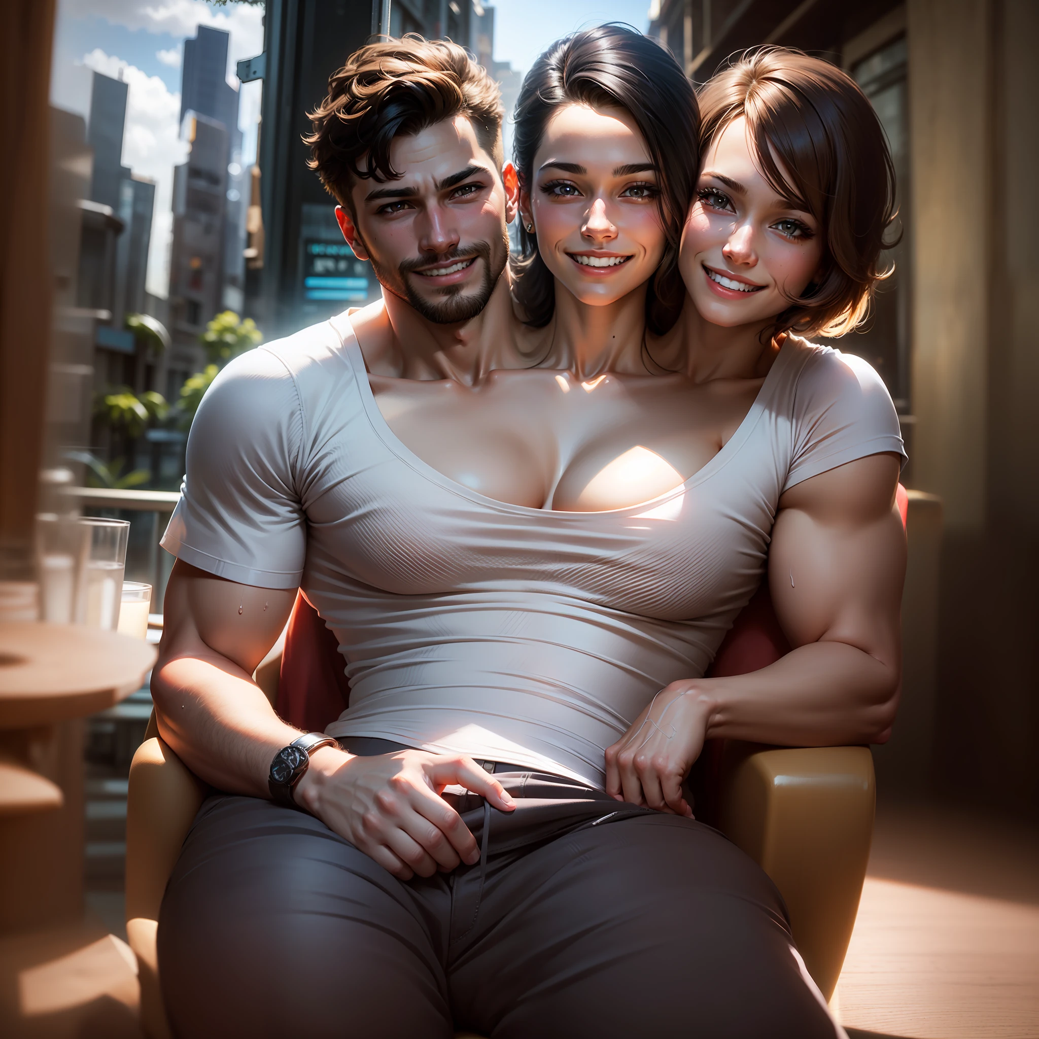 2heads,1man, Brazilian, 27 years old, Best Quality, Masterpiece, Illustration, beautiful, Very detailed, CG, 8k wallpaper, amazing, attention to detail, masterpiece, best quality, Art, CG wallpaper 8k highly detailed, huge file size, ultra detail, high resolution, ultra high definition, very detailed, beautiful man detailed, eyes and face very detailed, facial hair, beautiful eyes detailed, (RAW photos, best quality), (real, Photorealism: 1.3), full body, light on the face, (brown hair: 1.3), chubby beautiful hair,(swollen eyes), (attractive), (y pose in front of the camera)), (smile), looking at the viewer, dark eyeliner, long eyelashes, flushed cheeks, eroringes, ((((happy smile)))), (((1 man wearing a whitw low cut shirt)))), (city background), (sweaty white skin), thin legs, (neckline)))), sitting