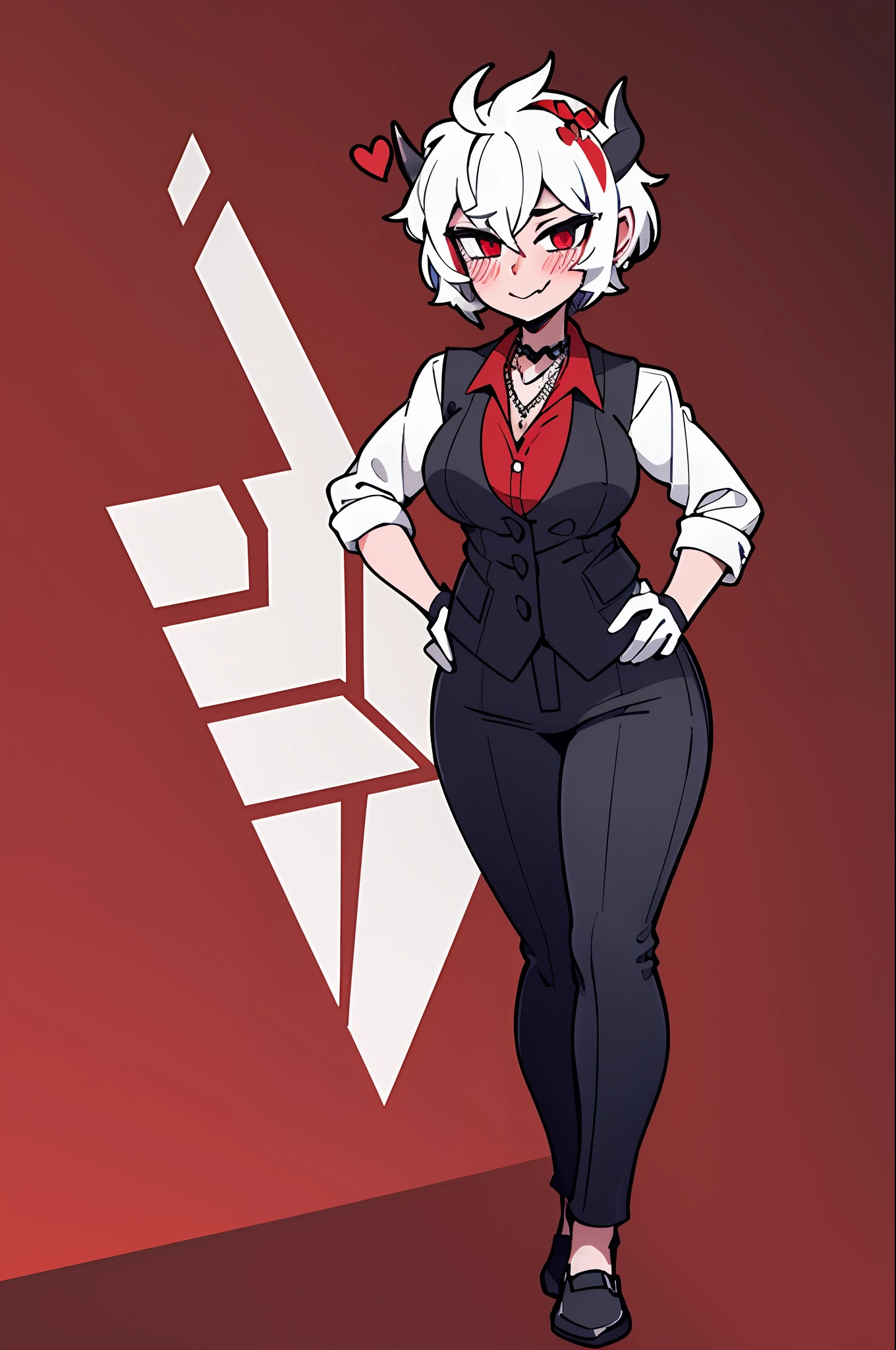 1girl, solo, black gloves, breasts, wide hips, blush, blushing, thick thighs, cross necklace, heart eyes, full body shot, horns on head, demon tail, black white and red outfit, red black and white background colors, white hair, tomboy, tall, hands on hips, short hair, smirk, dress shoes, red undershirt, suit vest, suit pants,