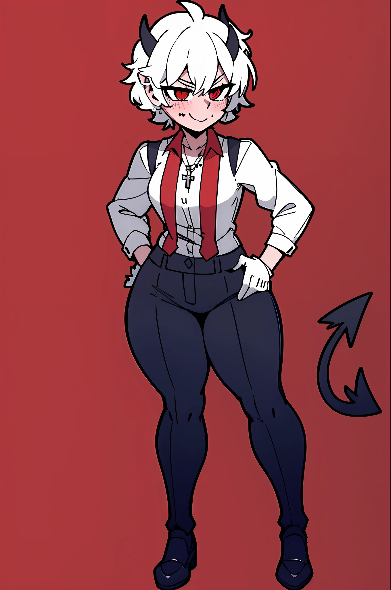 1girl, solo, black gloves, breasts, wide hips, blush, blushing, thick thighs, cross necklace, heart eyes, full body shot, horns on head, demon tail, black white and red outfit, red black and white background colors, white hair, tomboy, tall, hands on hips, short hair, smirk, dress shoes, red undershirt, suit vest, suit pants,