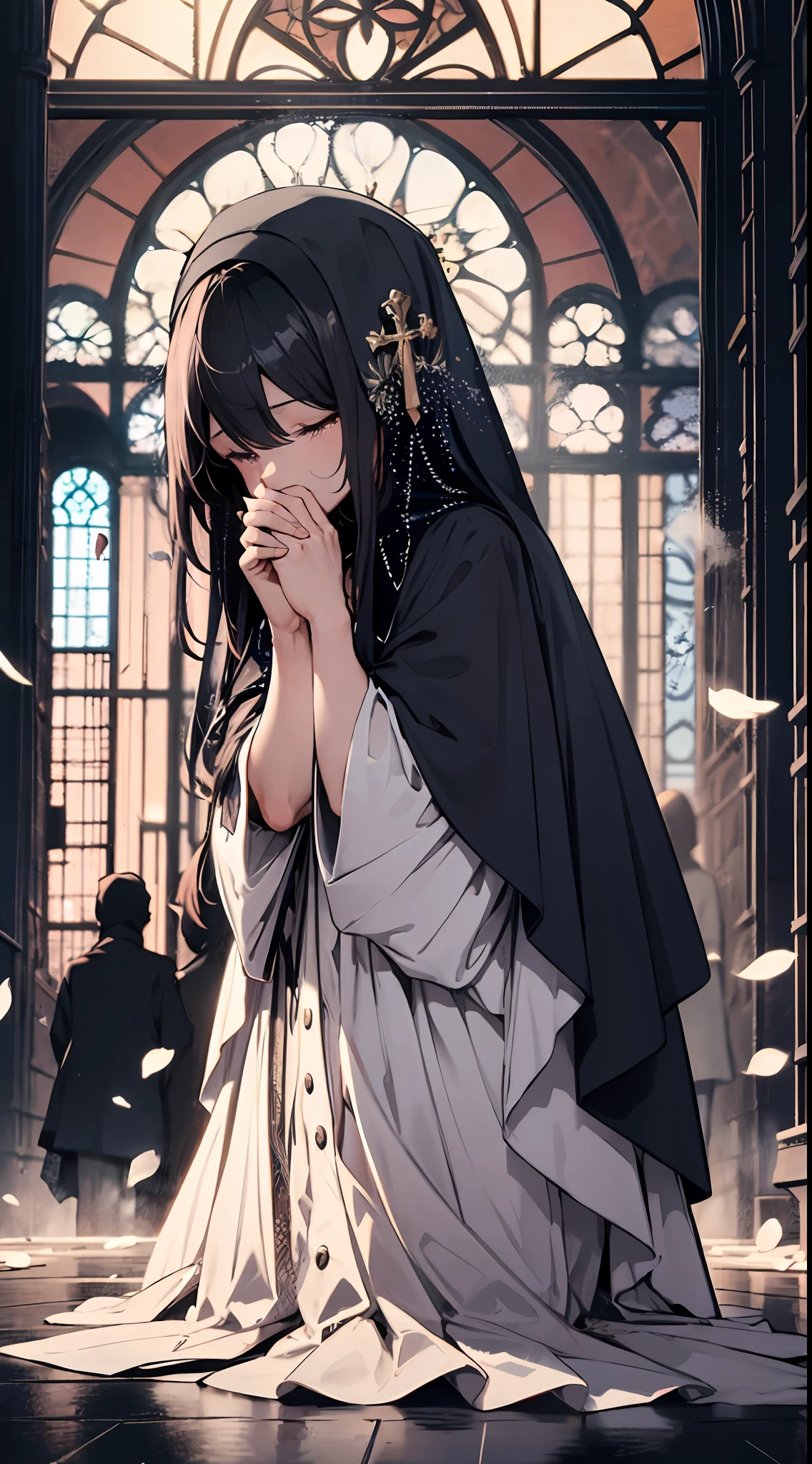 Church at night, The transparent moonlight kisses the girl's shoulder, Black hair shoulder-length face Kneeling on the ground in front of the floor-to-ceiling window Believing women covering their eyes with their hands and concentrating on pouring out Believers under the steps pray for God's protection (A beautiful maiden:1.3),wonderful dress,(Girls are the main body),lewd nun,church,corridor,colored glass,(White petals),White flowers,An illustraion,dreamlike,Smoke particles,(Side light),(dingdall effect:1.1),Glow(masterpaintings,Flat color,a color:1.0),(Best Quority:1.2),(High-precision:1.1),8K分辨率,(with rich details:1.1),Delicate,Perfect light and shadow,Clear background,denoised,large scene